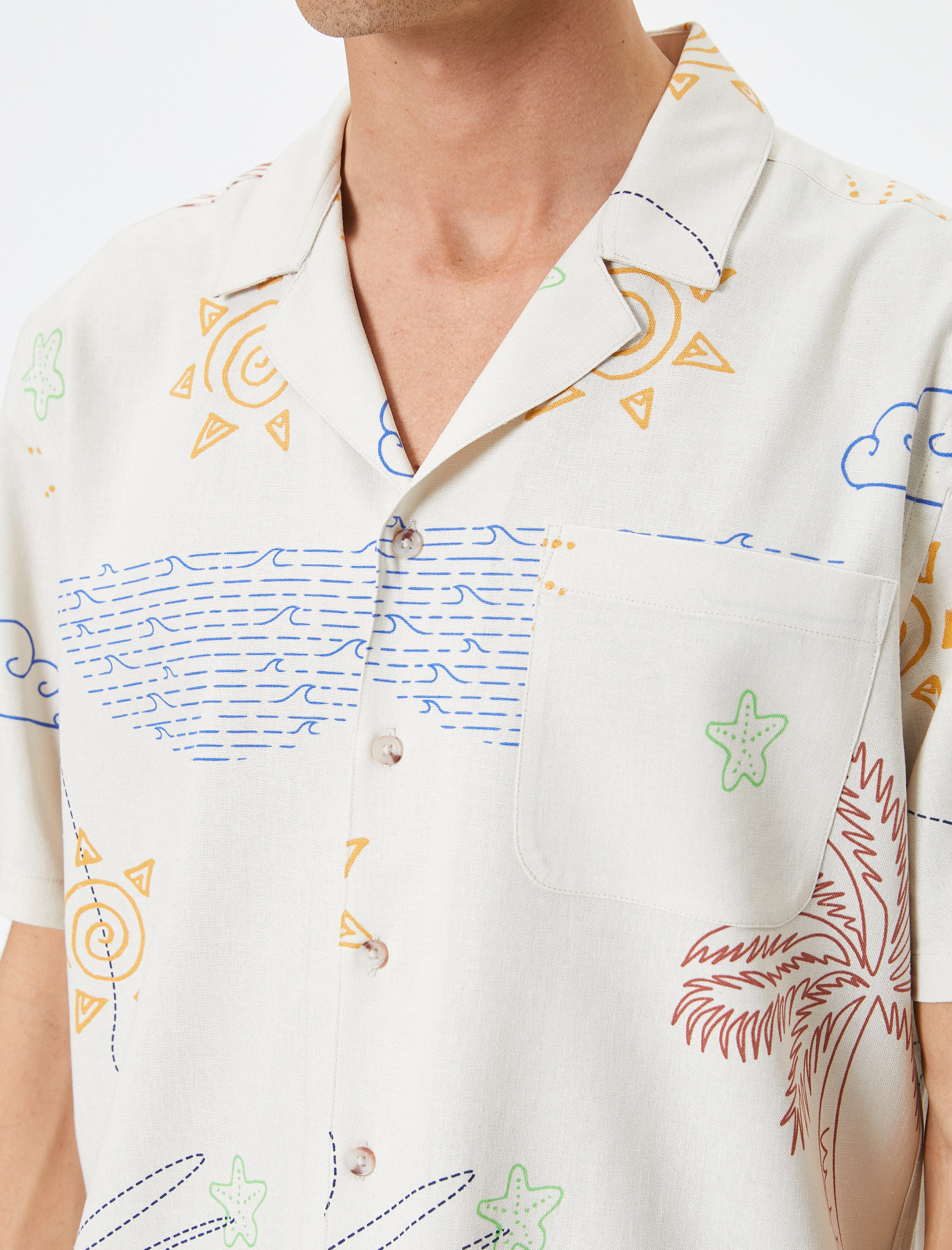   Yazlık Gömlek Desenli Devrik Yaka Cep Detaylı Keten Karışımlı Regular Fit