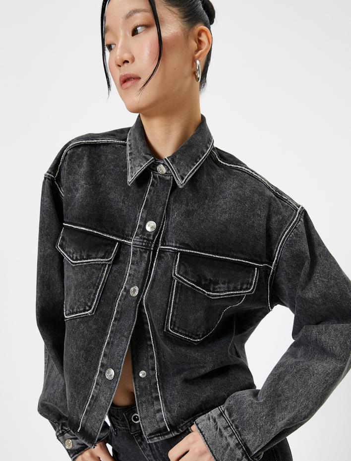  Taşlı Kot Ceket Kapaklı Çift Cepli