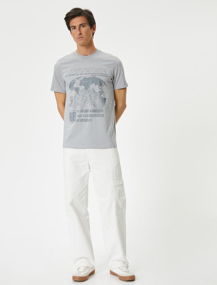  Uzay Baskılı Tişört Bisiklet Yaka Kısa Kollu Pamuklu