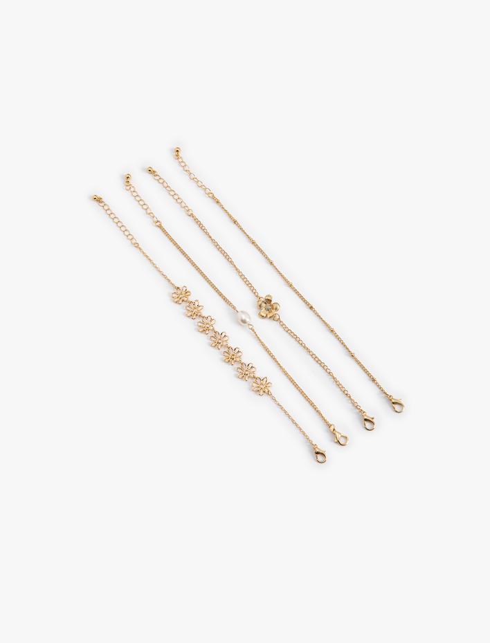 Kadın Çiçek ve İnci Detaylı Bileklik Seti