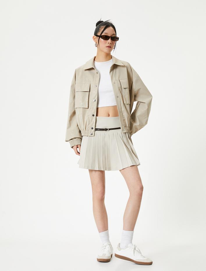  Pileli Mini Etek Kemerli Rahat Kalıp