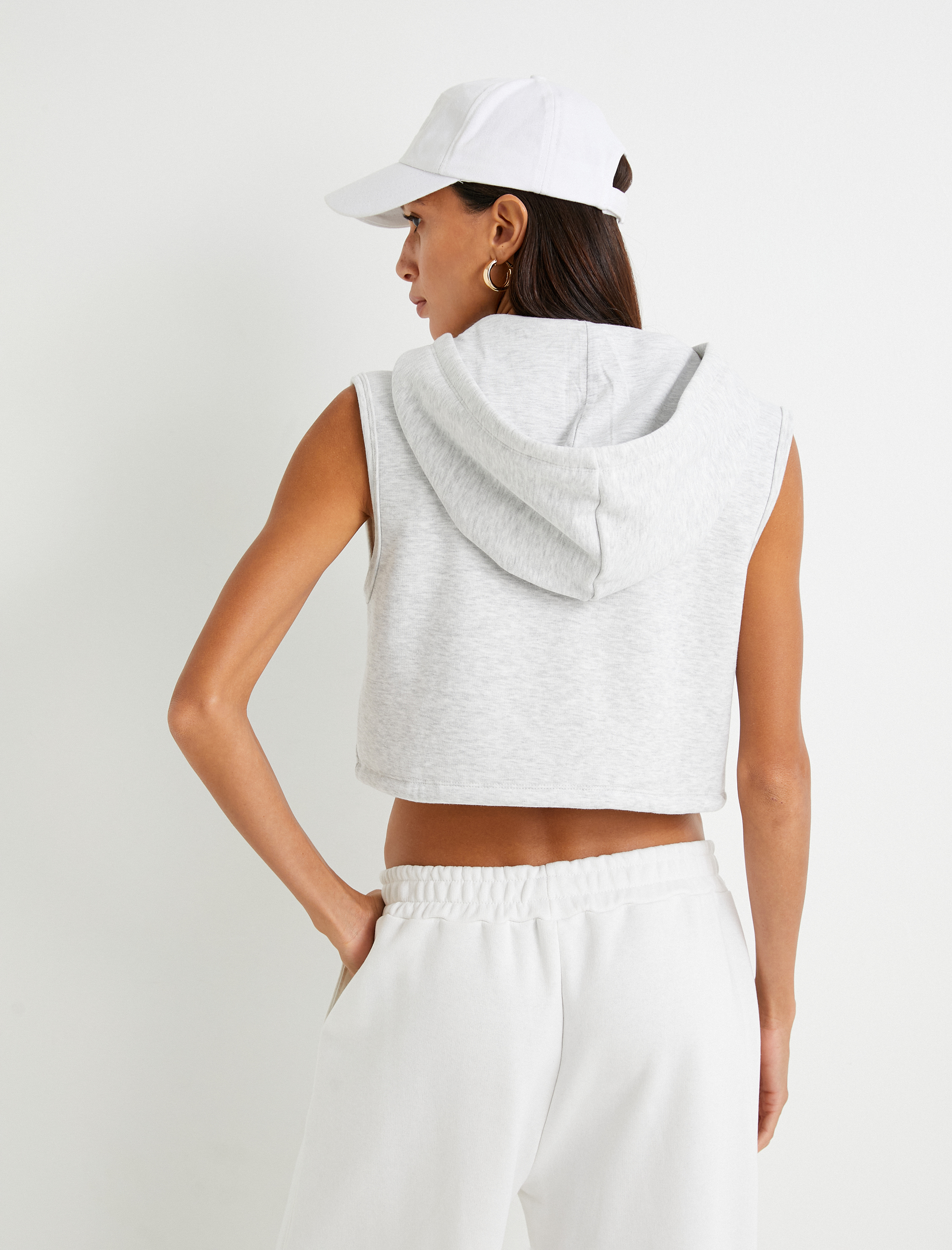   Crop Fermuarlı Hırka Kapüşonlu Beli Bağcıklı