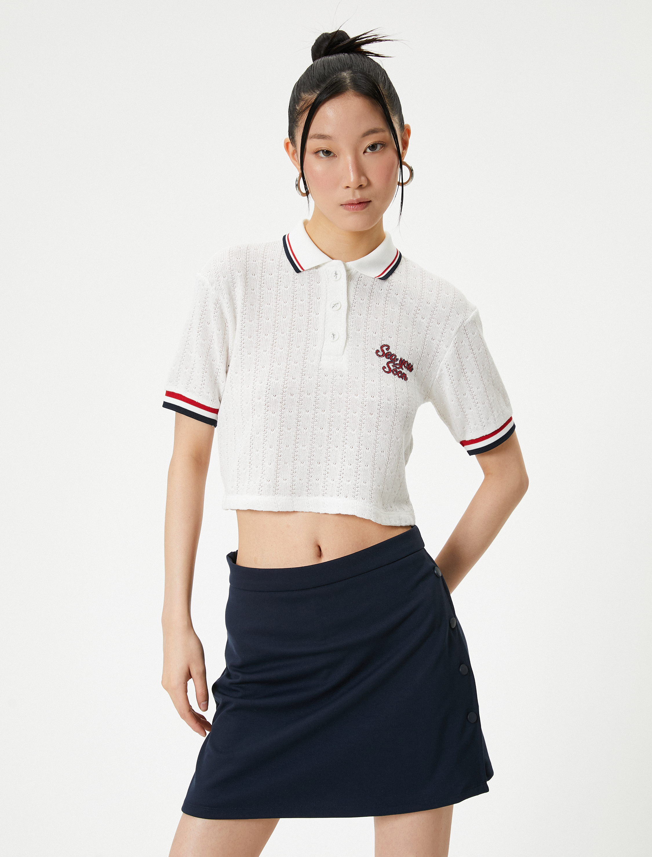   Polo Yaka Tişört Crop Dokuma Kısa Kollu Çizgi Detaylı