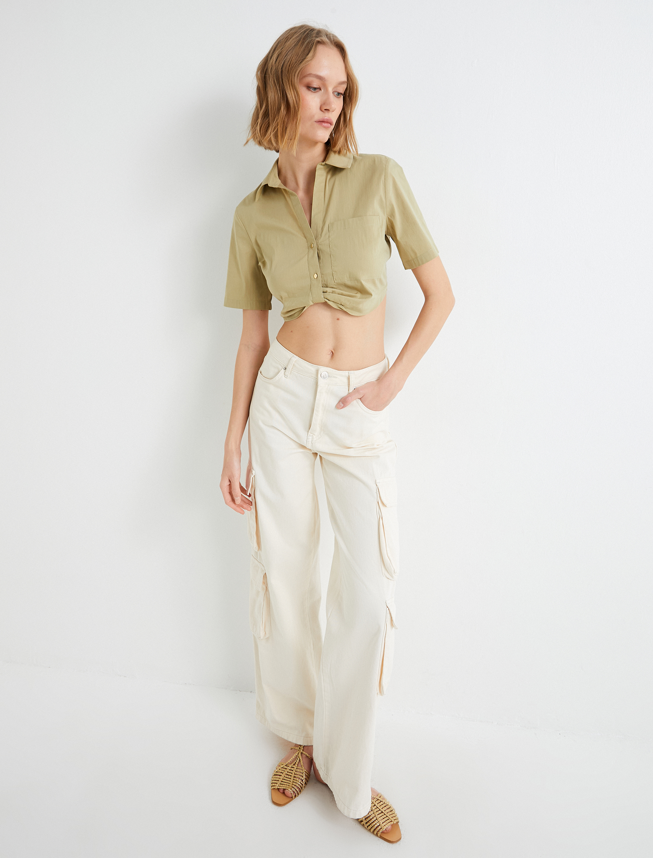   Crop Gömlek Kısa Kollu Cep Detaylı