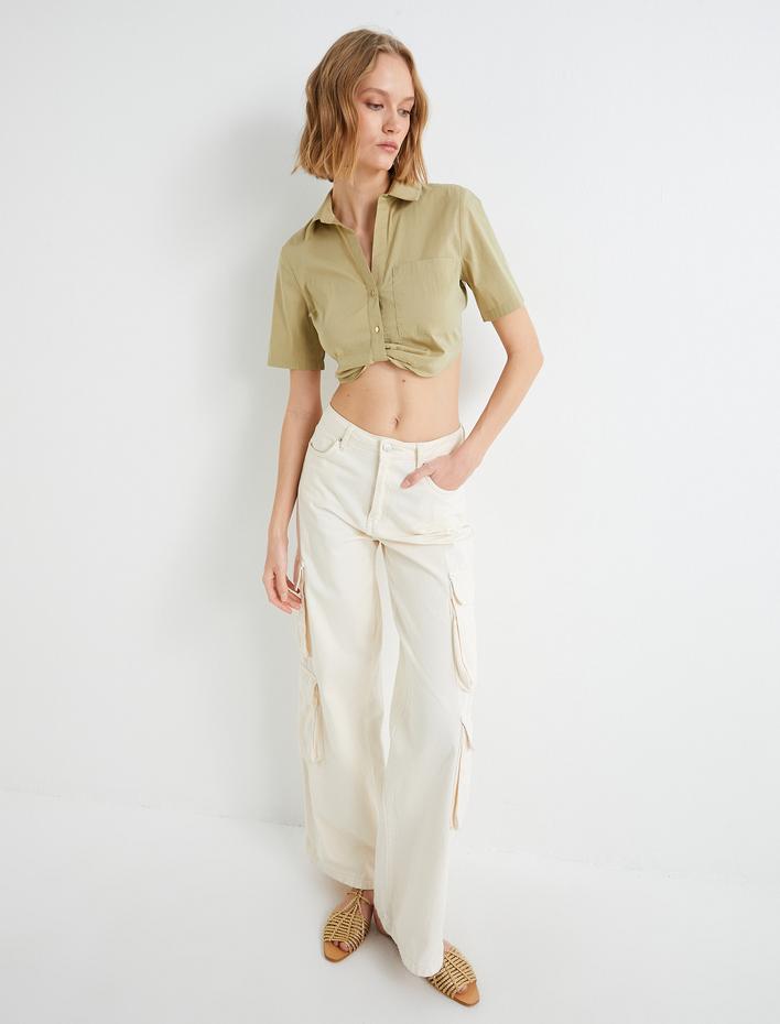  Crop Gömlek Kısa Kollu Cep Detaylı