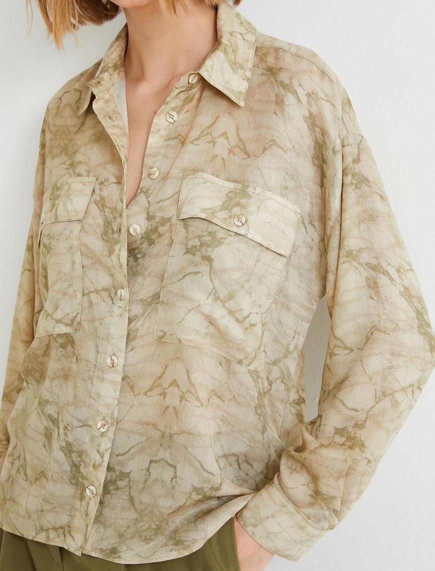   Oversize Gömlek Uzun Kollu Cep Detaylı Klasik Yaka Soyut Desenli