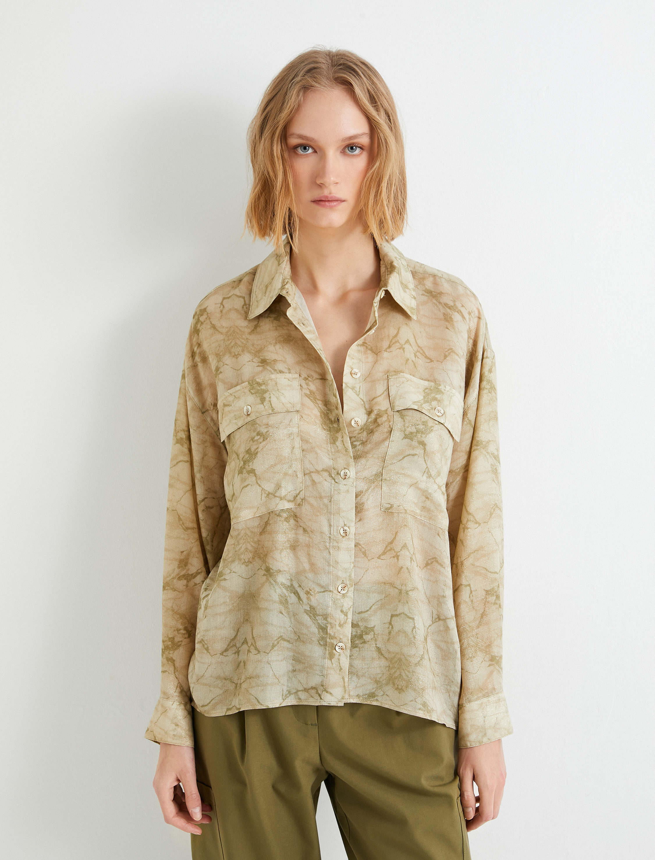   Oversize Gömlek Uzun Kollu Cep Detaylı Klasik Yaka Soyut Desenli