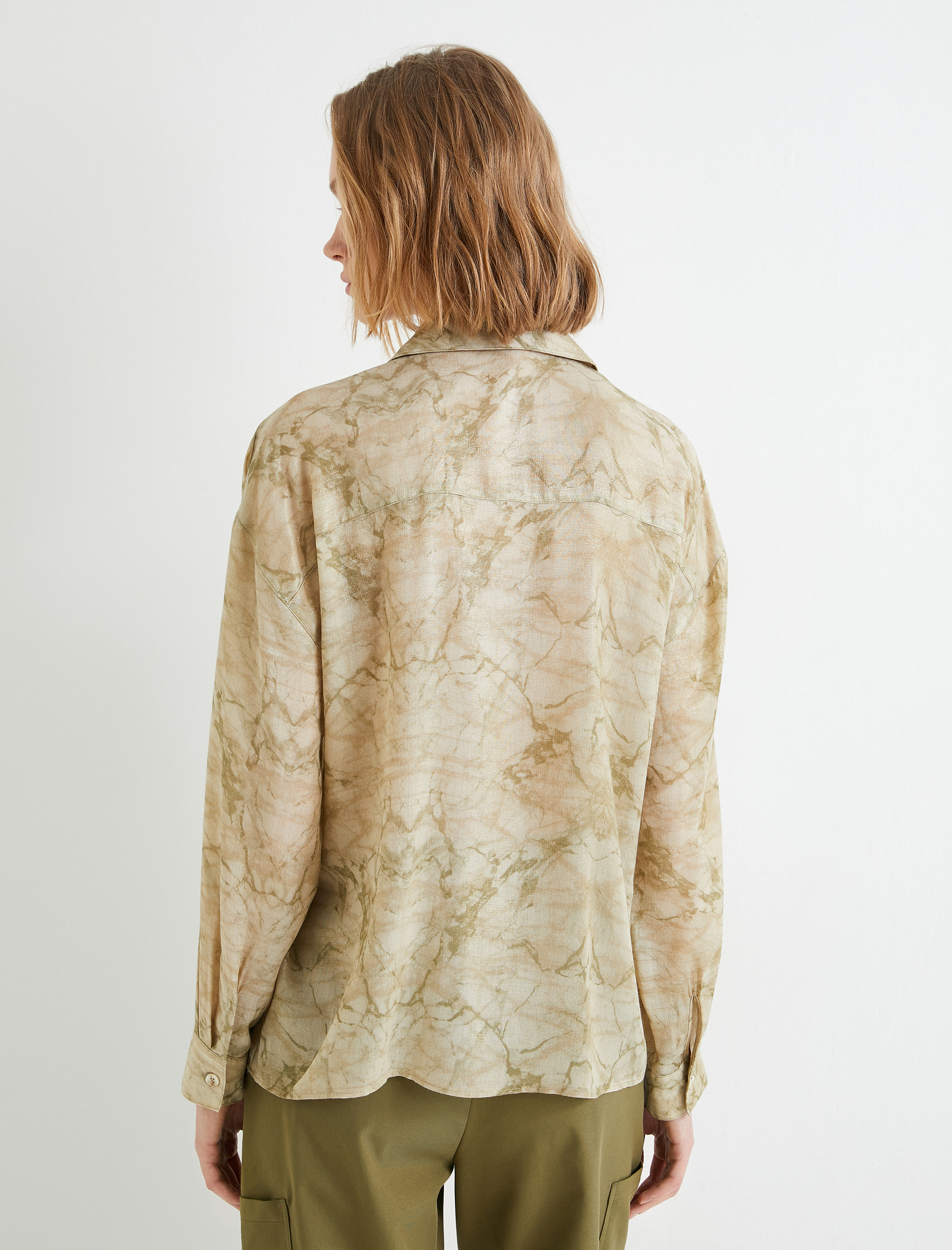   Oversize Gömlek Uzun Kollu Cep Detaylı Klasik Yaka Soyut Desenli