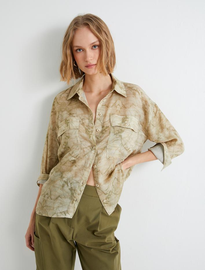  Oversize Gömlek Uzun Kollu Cep Detaylı Klasik Yaka Soyut Desenli