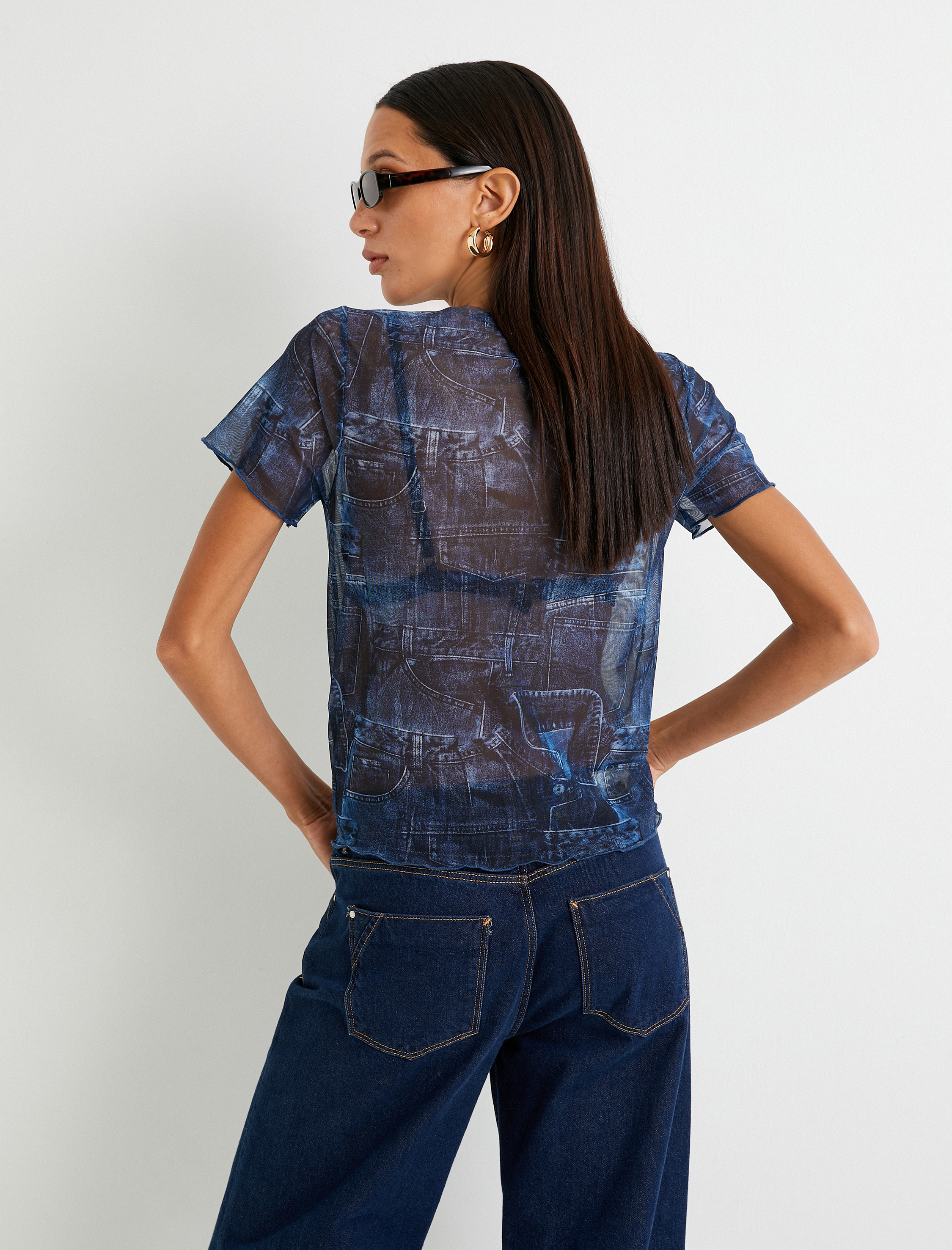   Transparan Tişört Denim Görünümlü Kısa Kollu Bisiklet Yaka