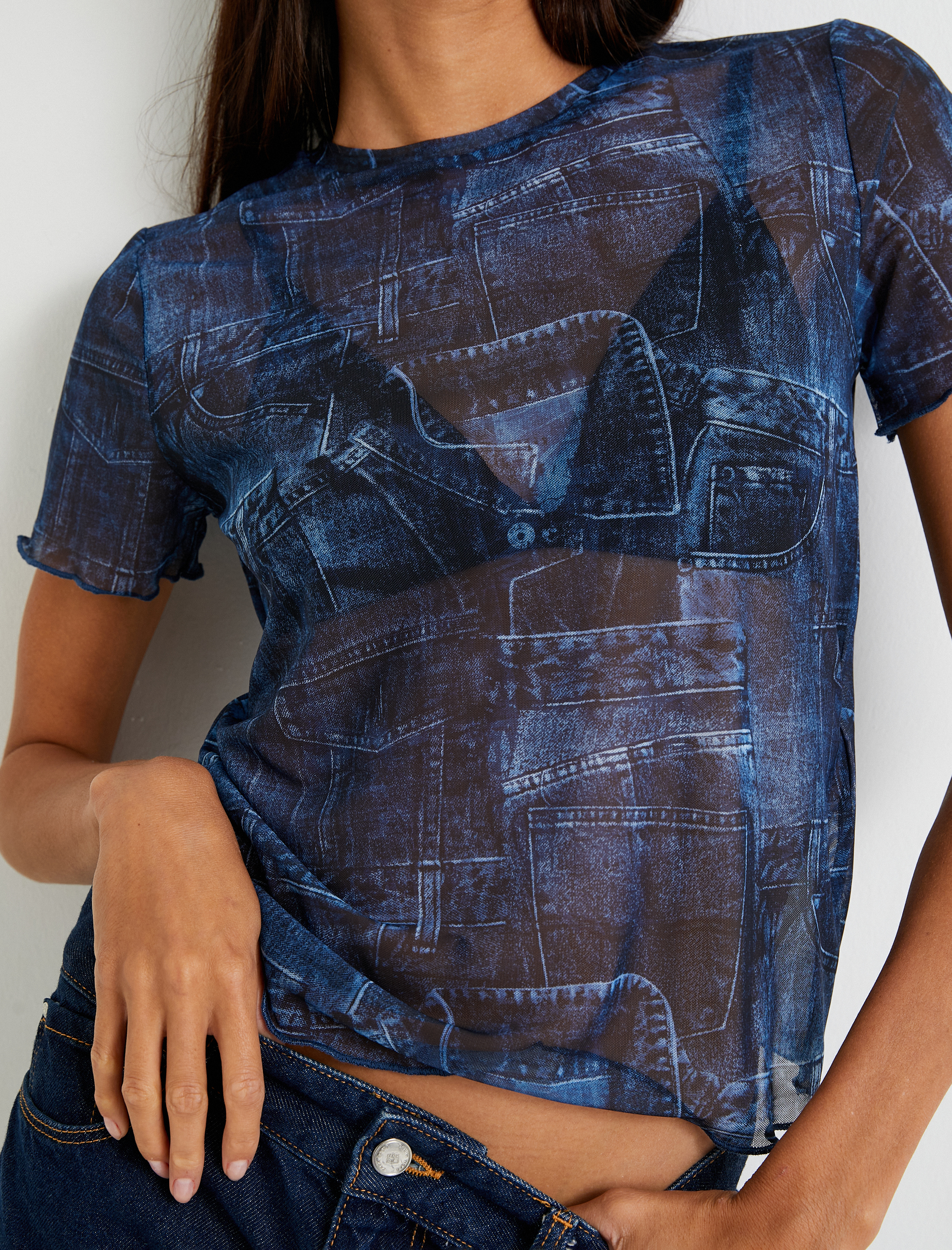   Transparan Tişört Denim Görünümlü Kısa Kollu Bisiklet Yaka