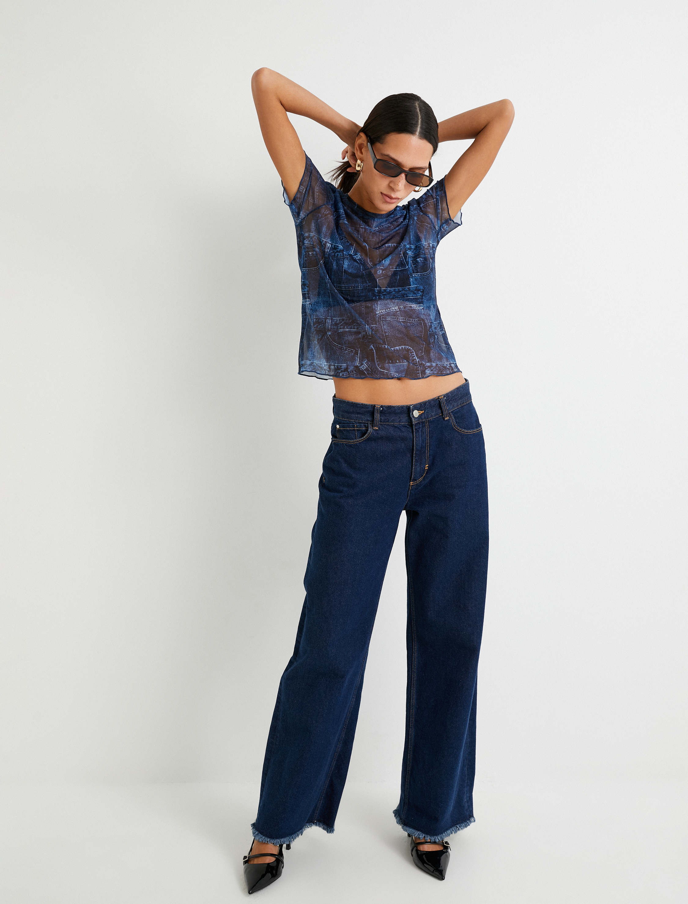   Transparan Tişört Denim Görünümlü Kısa Kollu Bisiklet Yaka