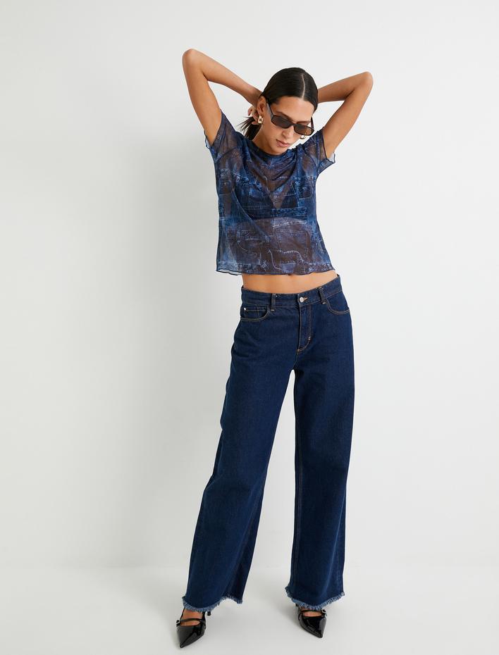  Transparan Tişört Denim Görünümlü Kısa Kollu Bisiklet Yaka