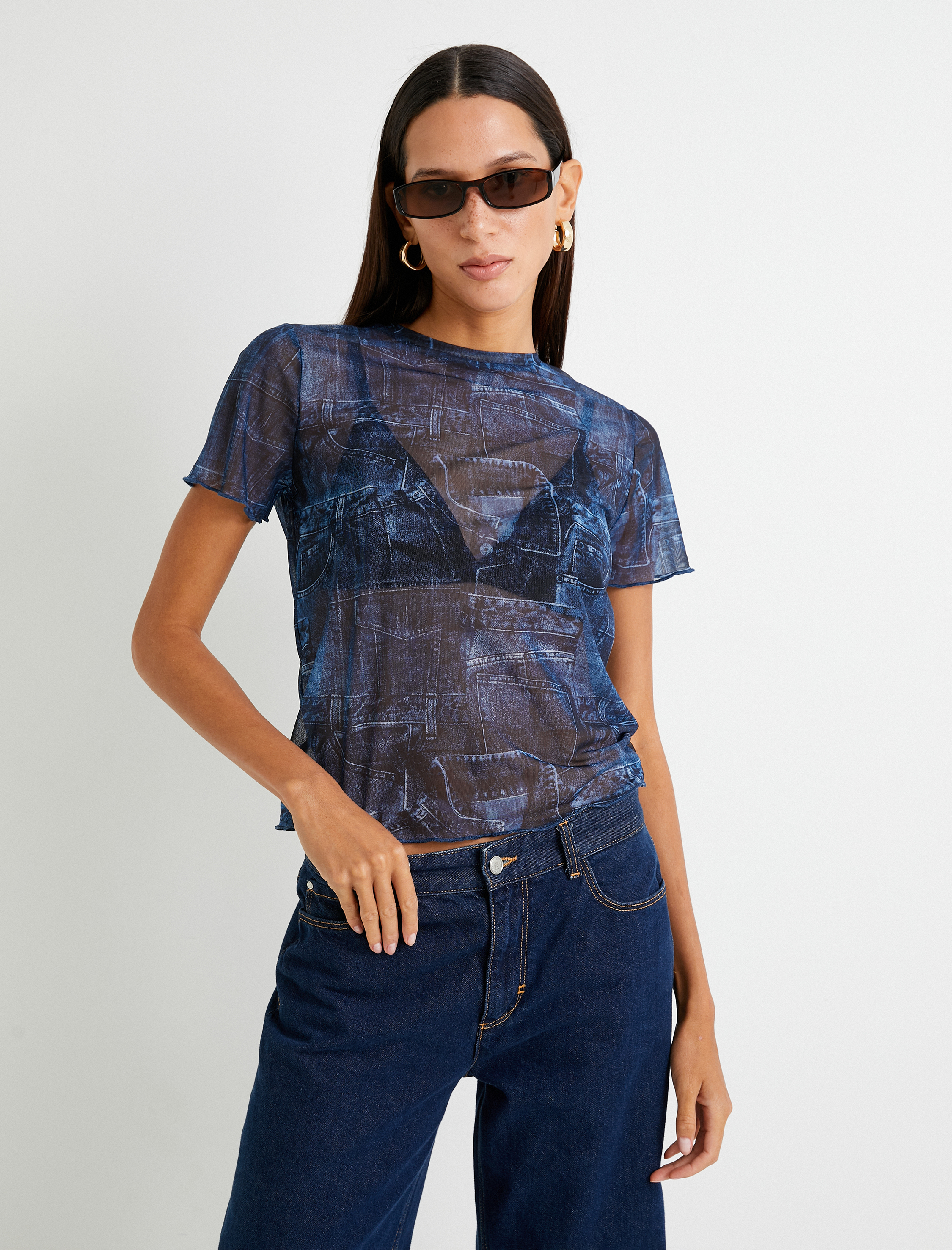   Transparan Tişört Denim Görünümlü Kısa Kollu Bisiklet Yaka