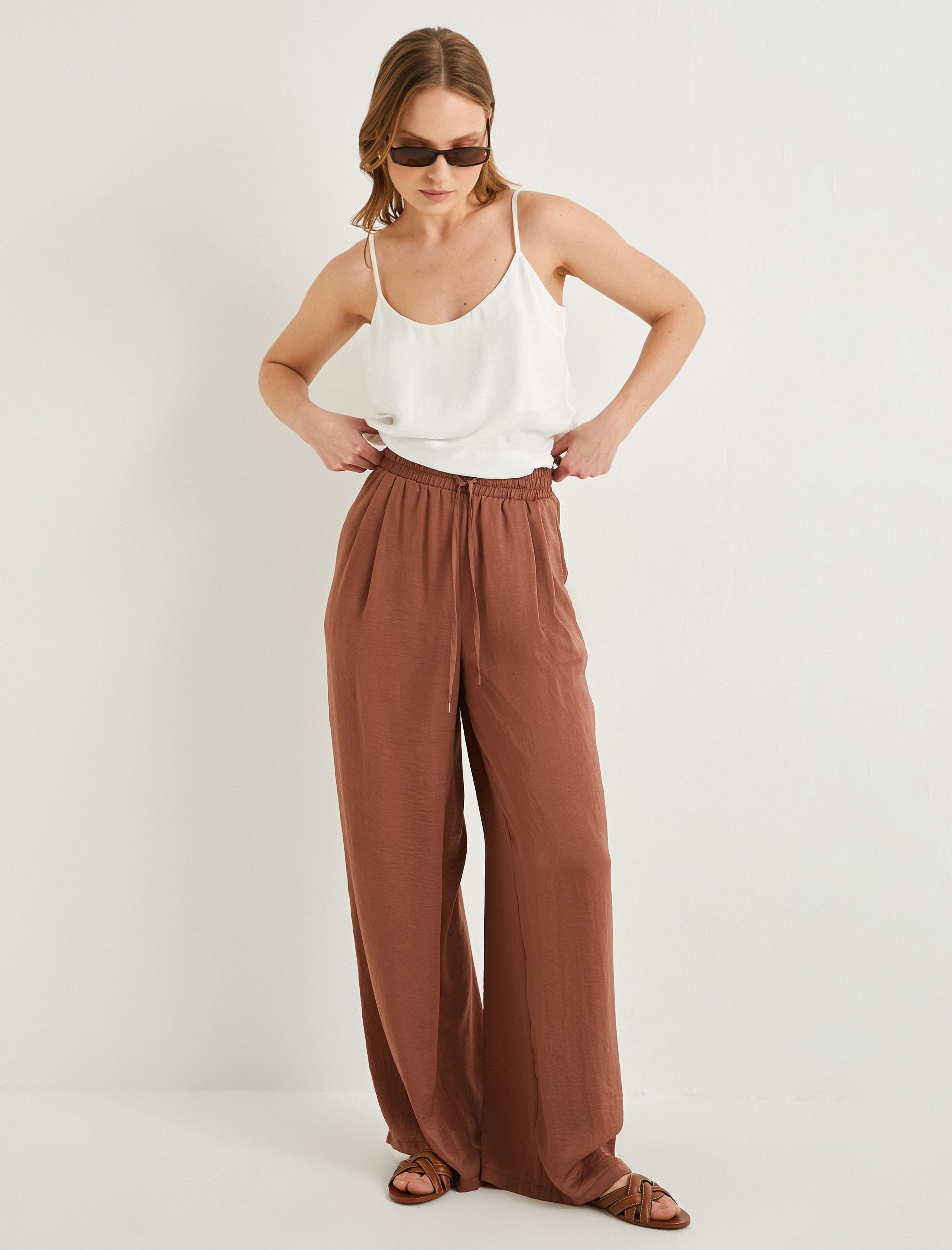   Palazzo Pantolon Bağcıklı Yüksek Bel Cepli