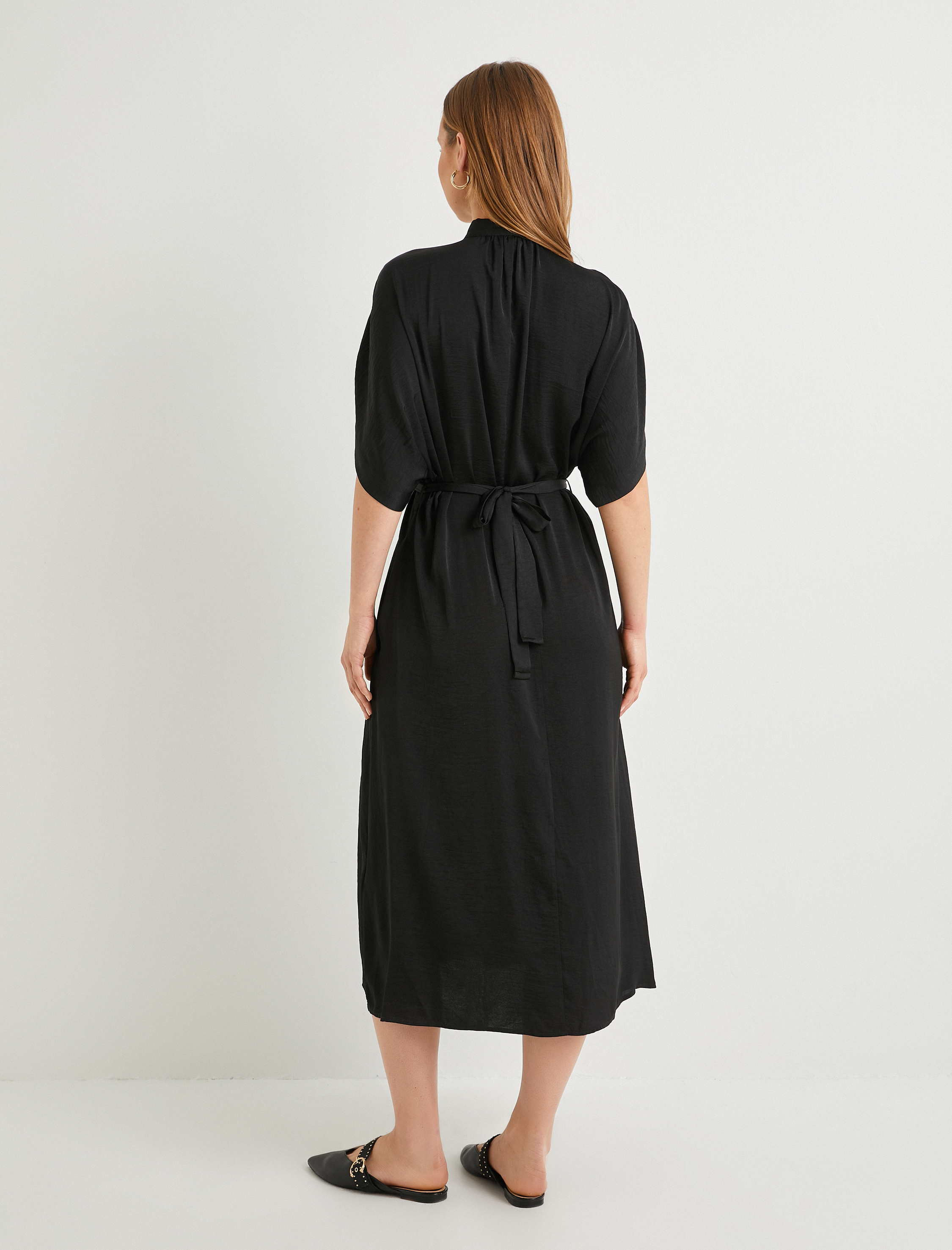   Midi Elbise V Yaka Geniş Kısa Kollu Cepli