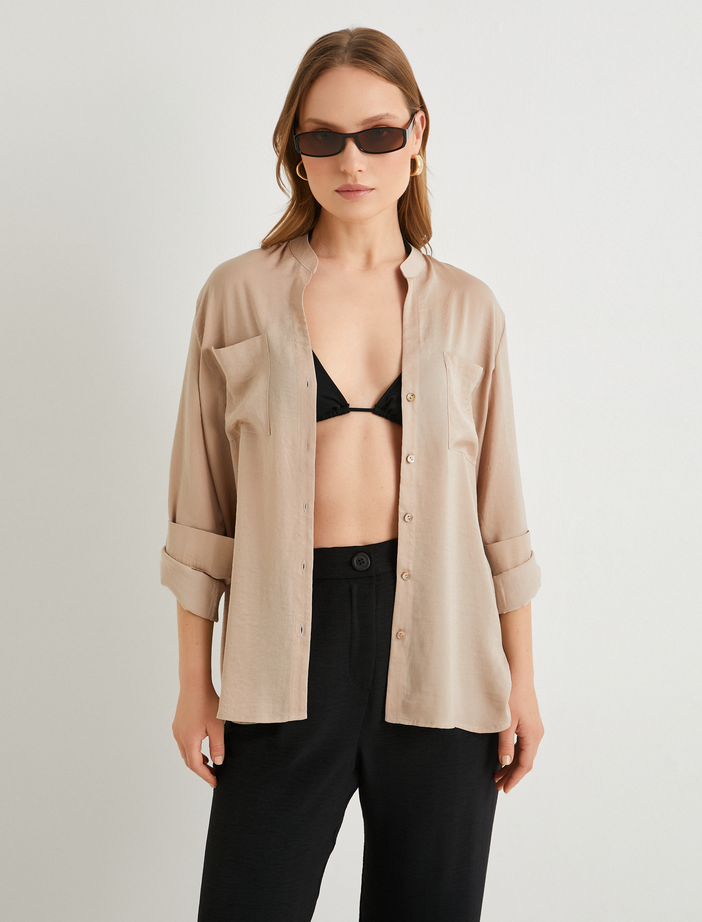   Hakim Yaka Gömlek Uzun Katlamalı Kol Cepli Düğmeli Regular Fit