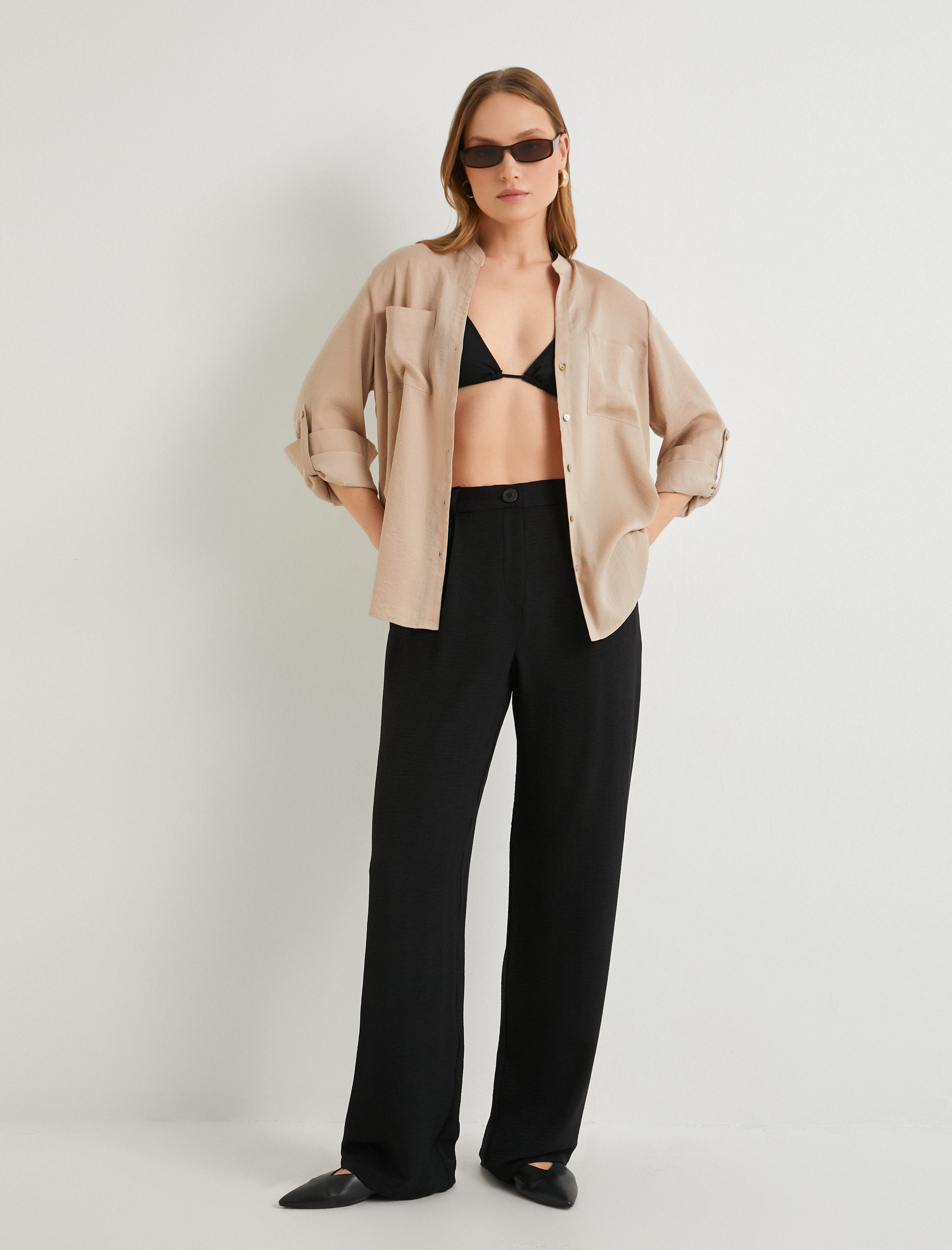   Hakim Yaka Gömlek Uzun Katlamalı Kol Cepli Düğmeli Regular Fit