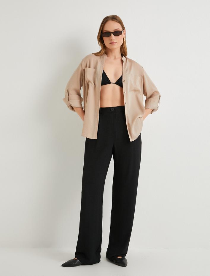  Hakim Yaka Gömlek Uzun Katlamalı Kol Cepli Düğmeli Regular Fit