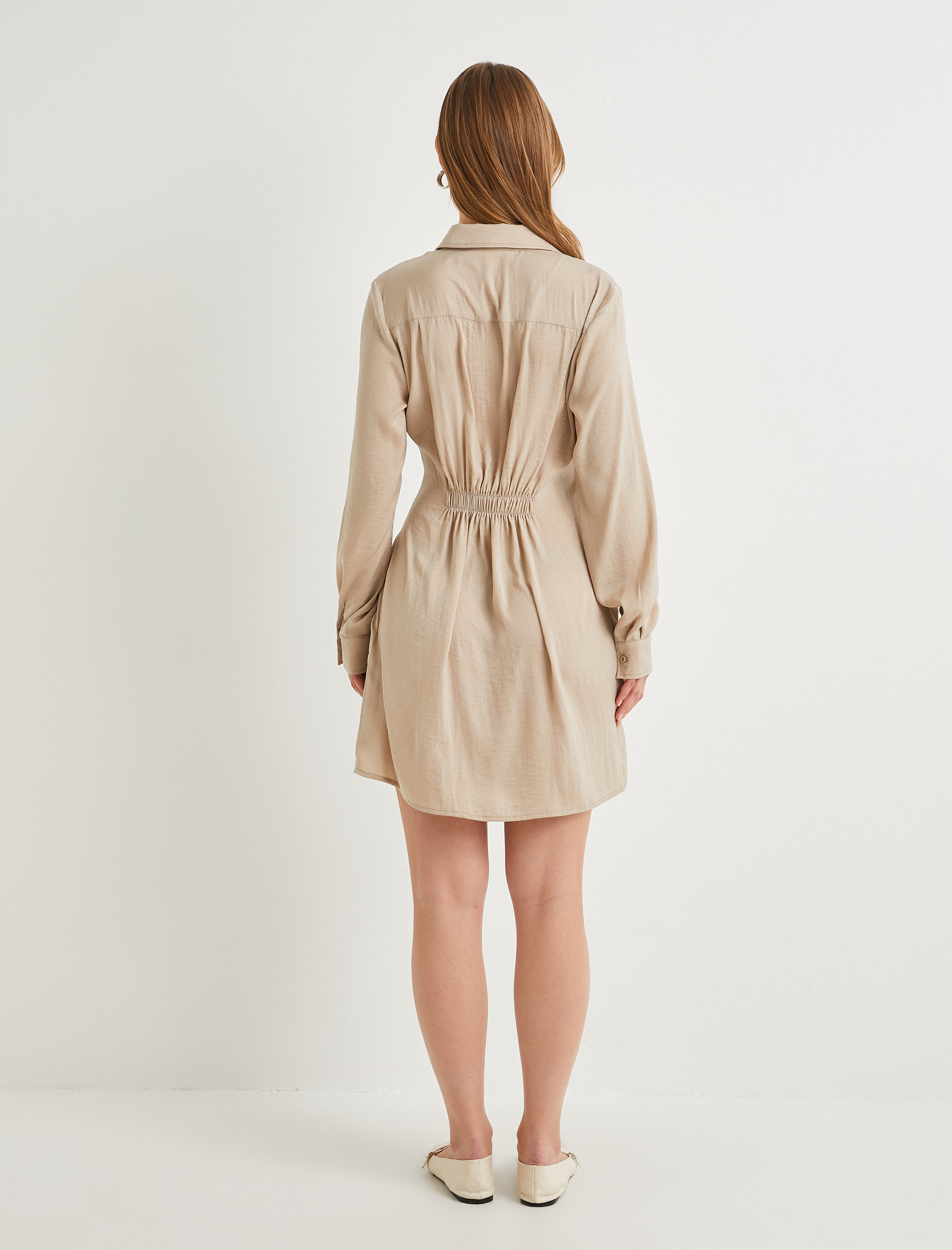   Mini Gömlek Elbise Dokulu Drapeli Uzun Kollu