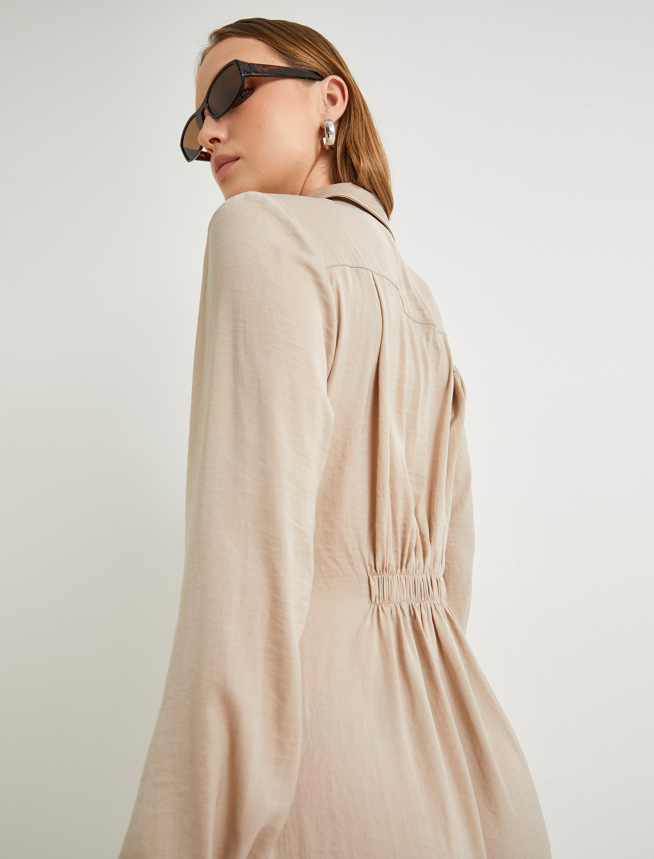   Mini Gömlek Elbise Dokulu Drapeli Uzun Kollu