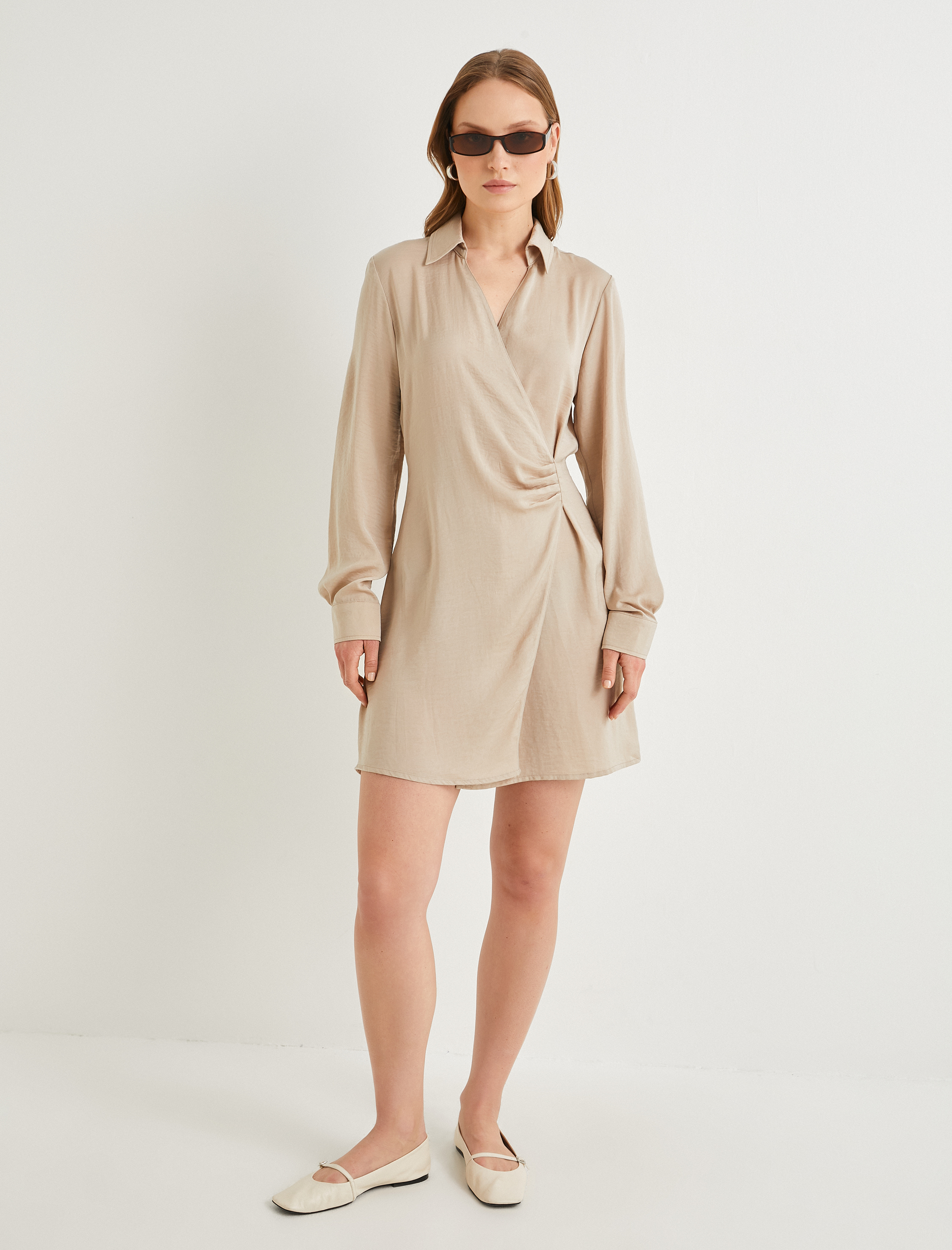   Mini Gömlek Elbise Dokulu Drapeli Uzun Kollu