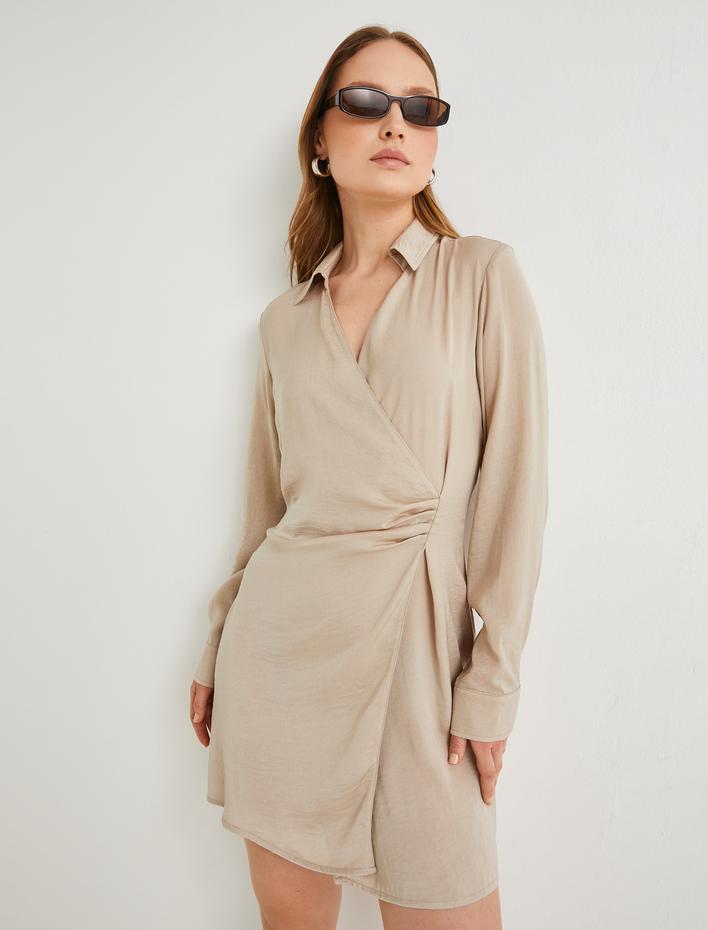  Mini Gömlek Elbise Dokulu Drapeli Uzun Kollu