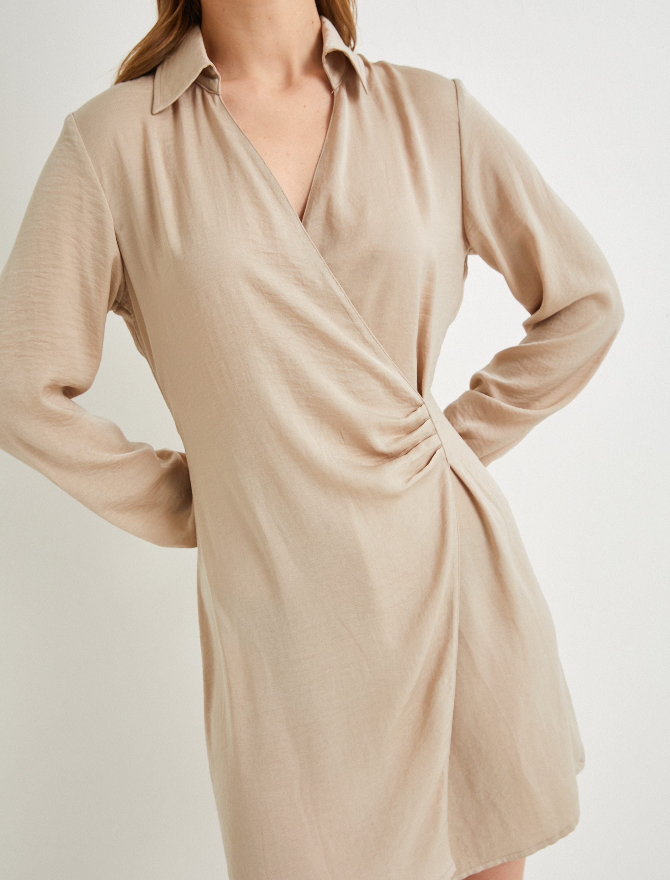   Mini Gömlek Elbise Dokulu Drapeli Uzun Kollu