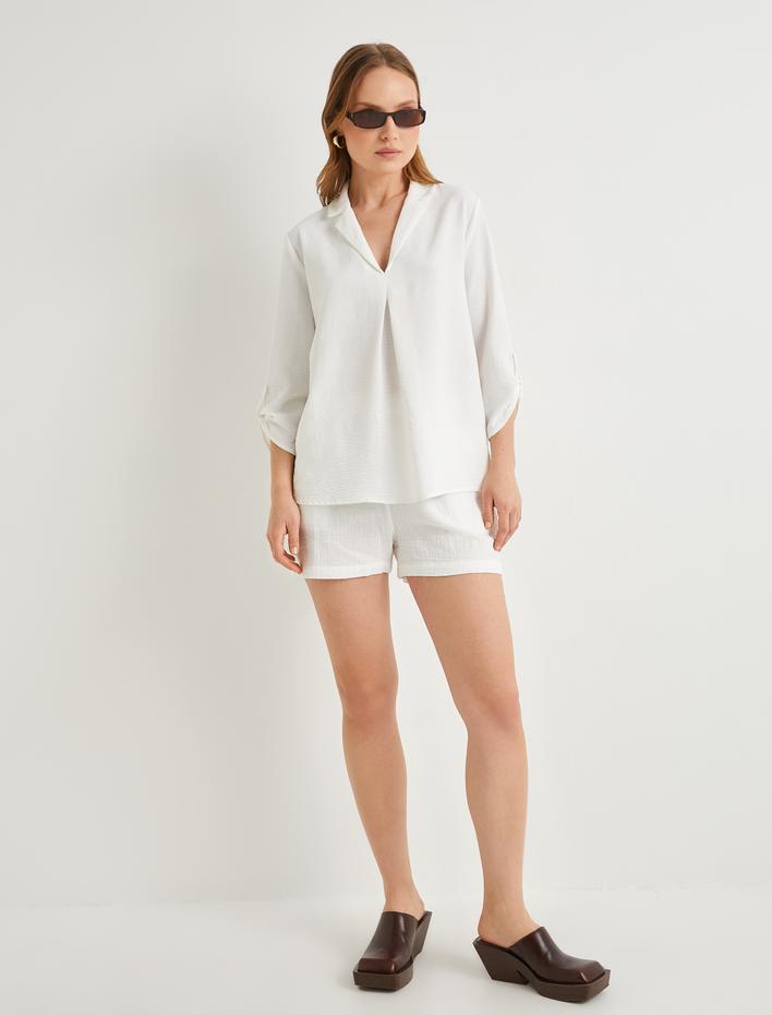  V Yaka Bluz Yarım Kollu Dokulu Standart Kesim