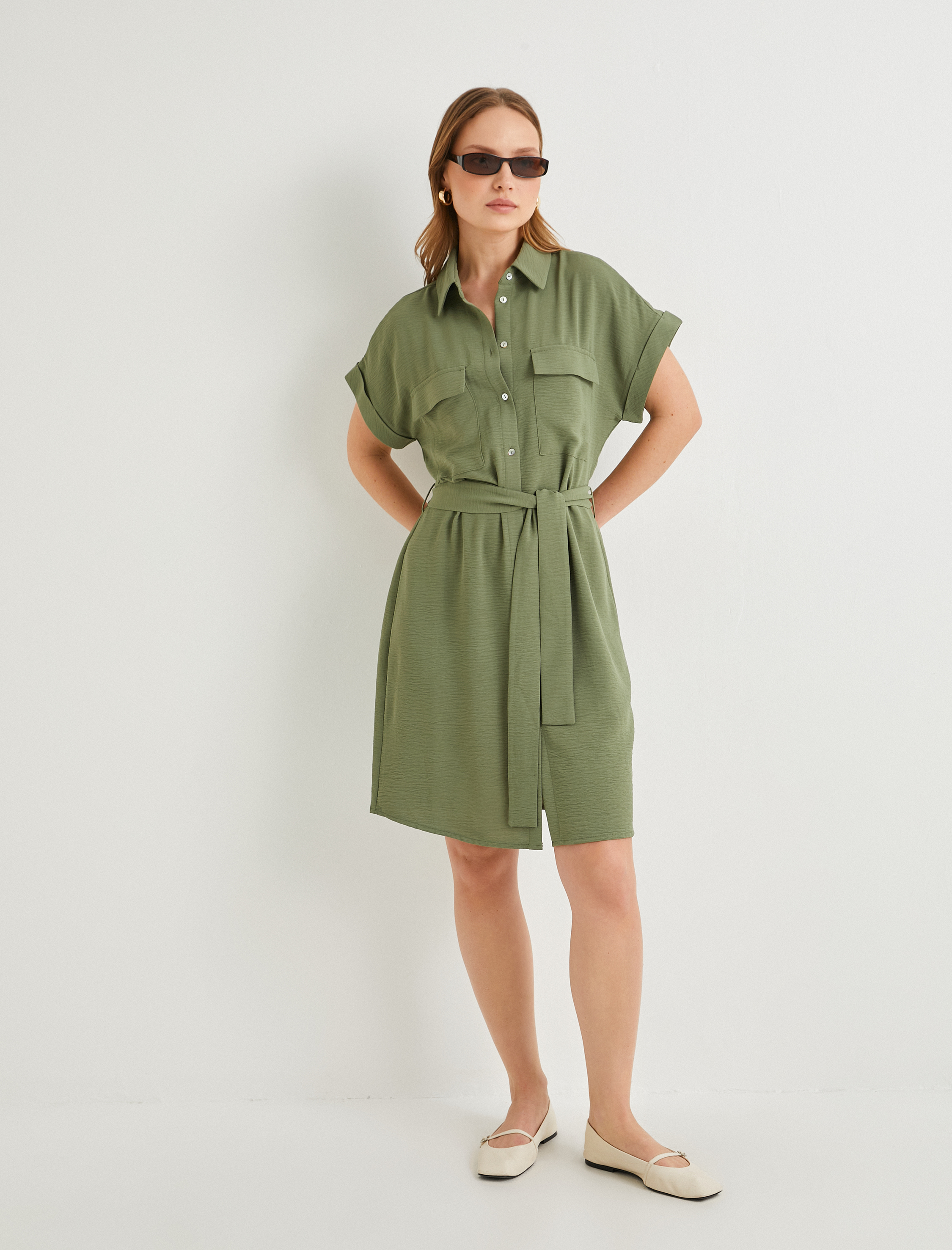   Gömlek Elbise Beli Kuşaklı Düğmeli Cepli