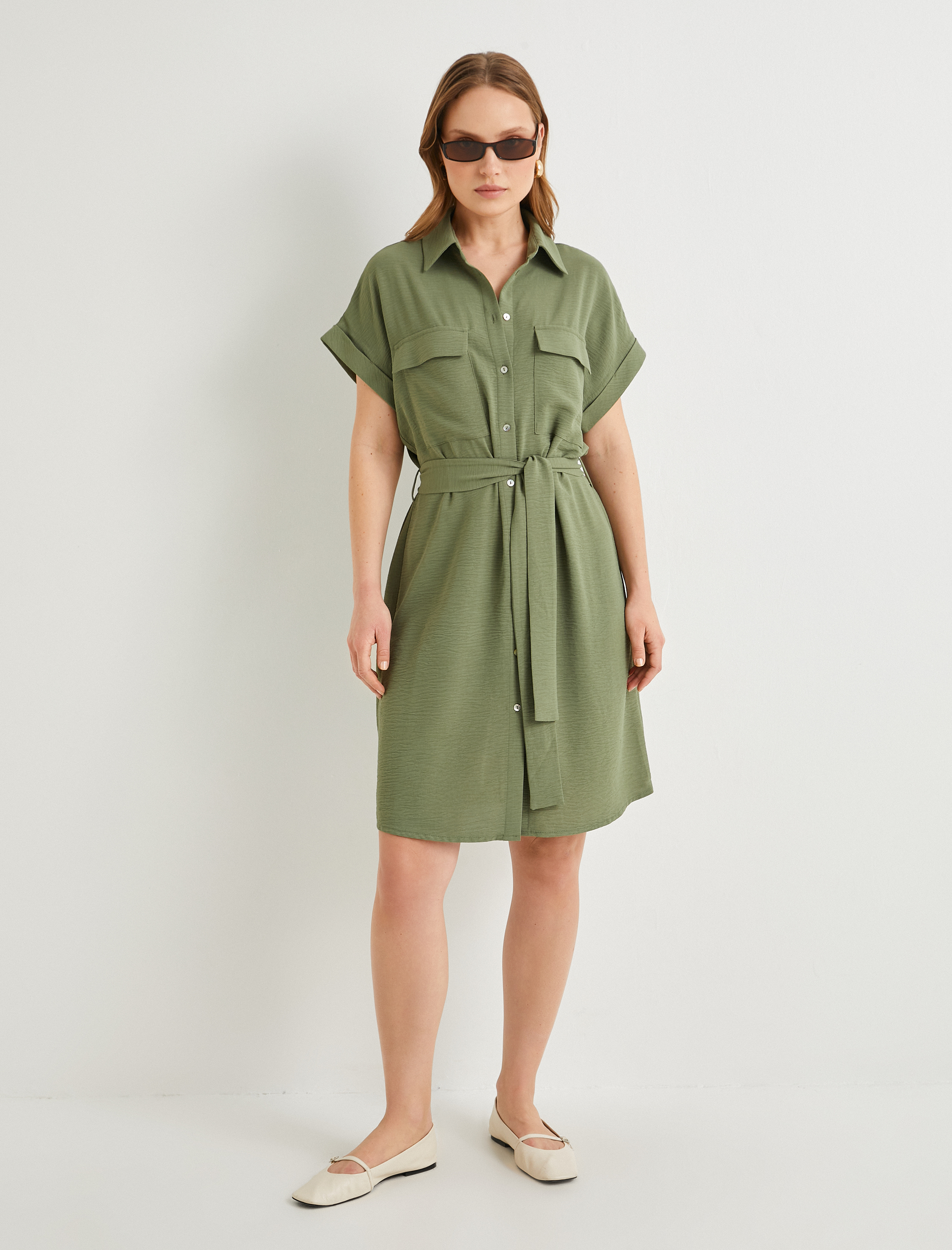   Gömlek Elbise Beli Kuşaklı Düğmeli Cepli