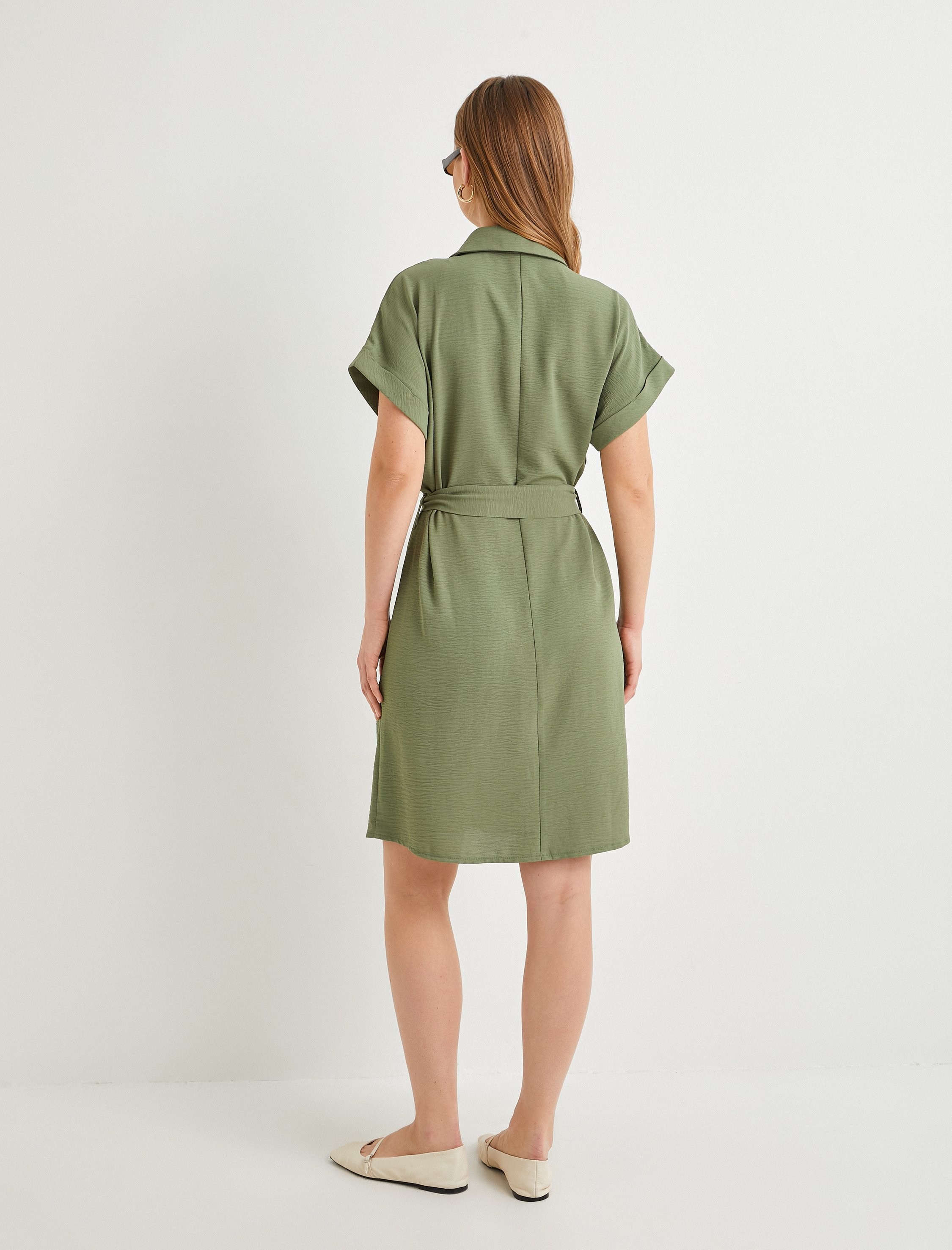   Gömlek Elbise Beli Kuşaklı Düğmeli Cepli