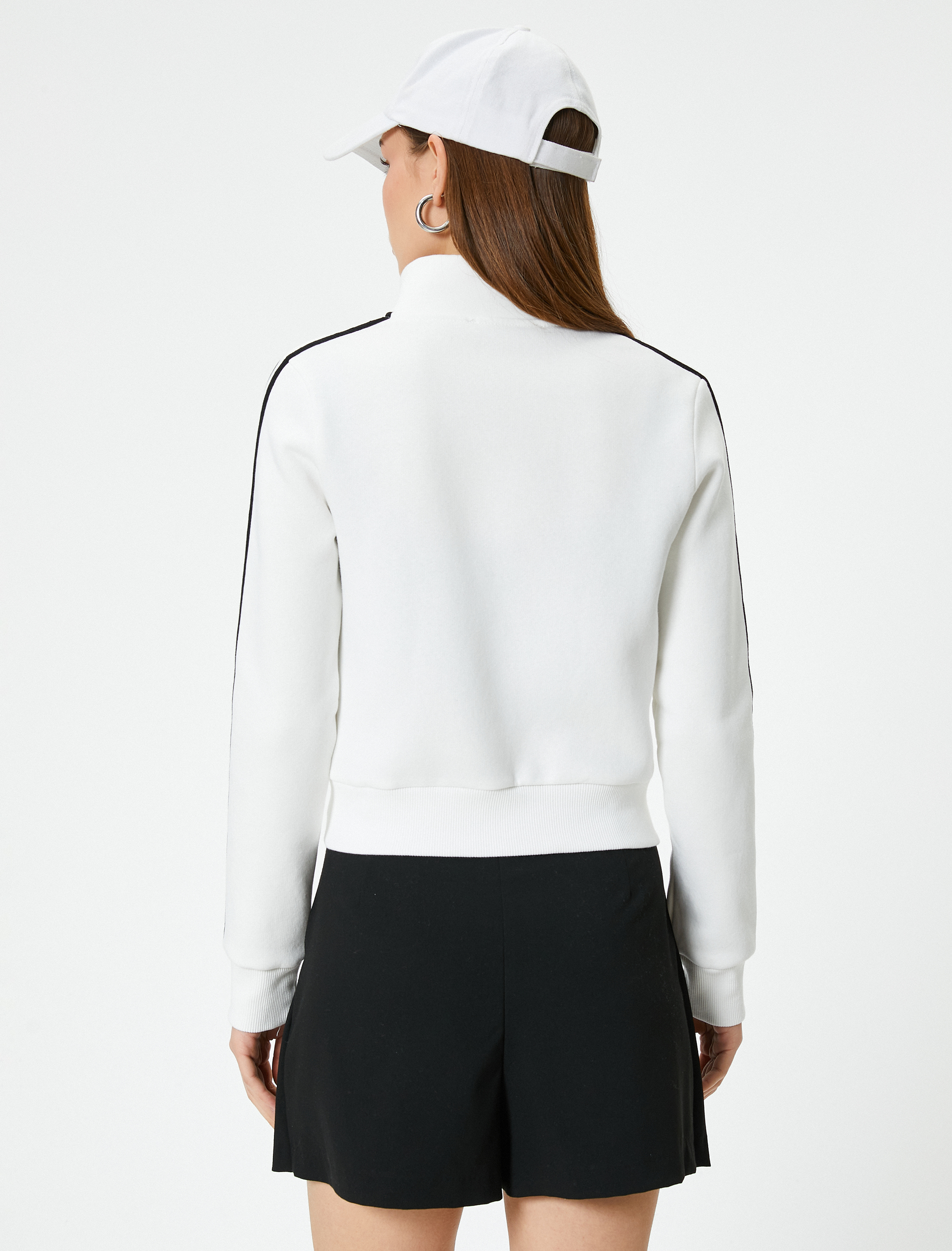   Şardonlu Fermuarlı Sweatshirt Crop Dik Yaka Uzun Kollu Çizgili