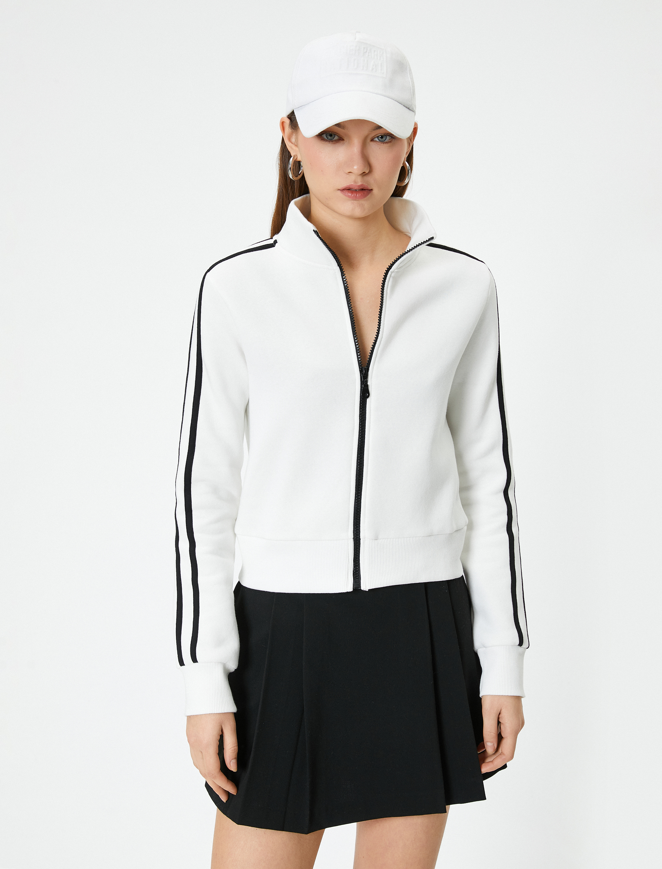   Şardonlu Fermuarlı Sweatshirt Crop Dik Yaka Uzun Kollu Çizgili