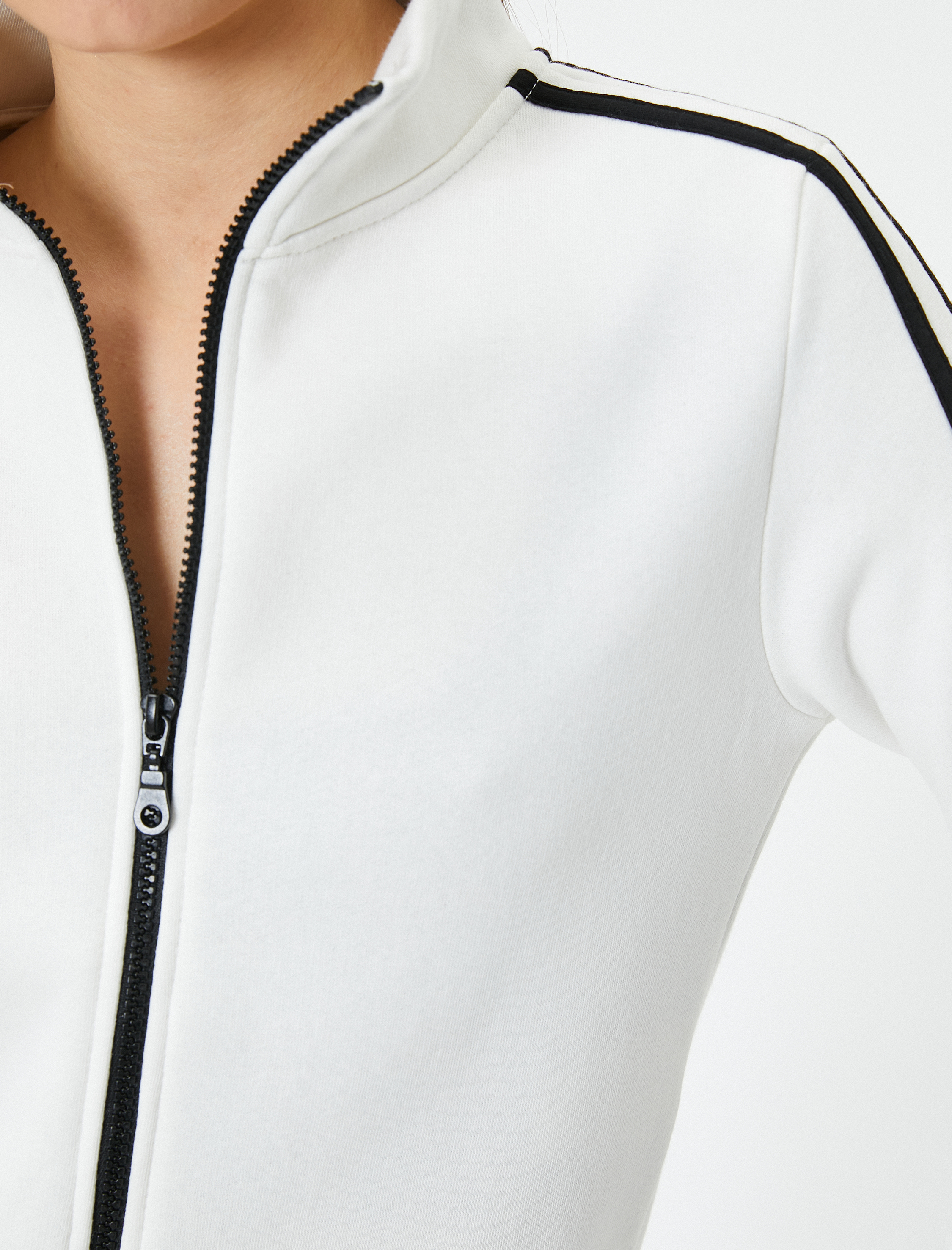   Şardonlu Fermuarlı Sweatshirt Crop Dik Yaka Uzun Kollu Çizgili