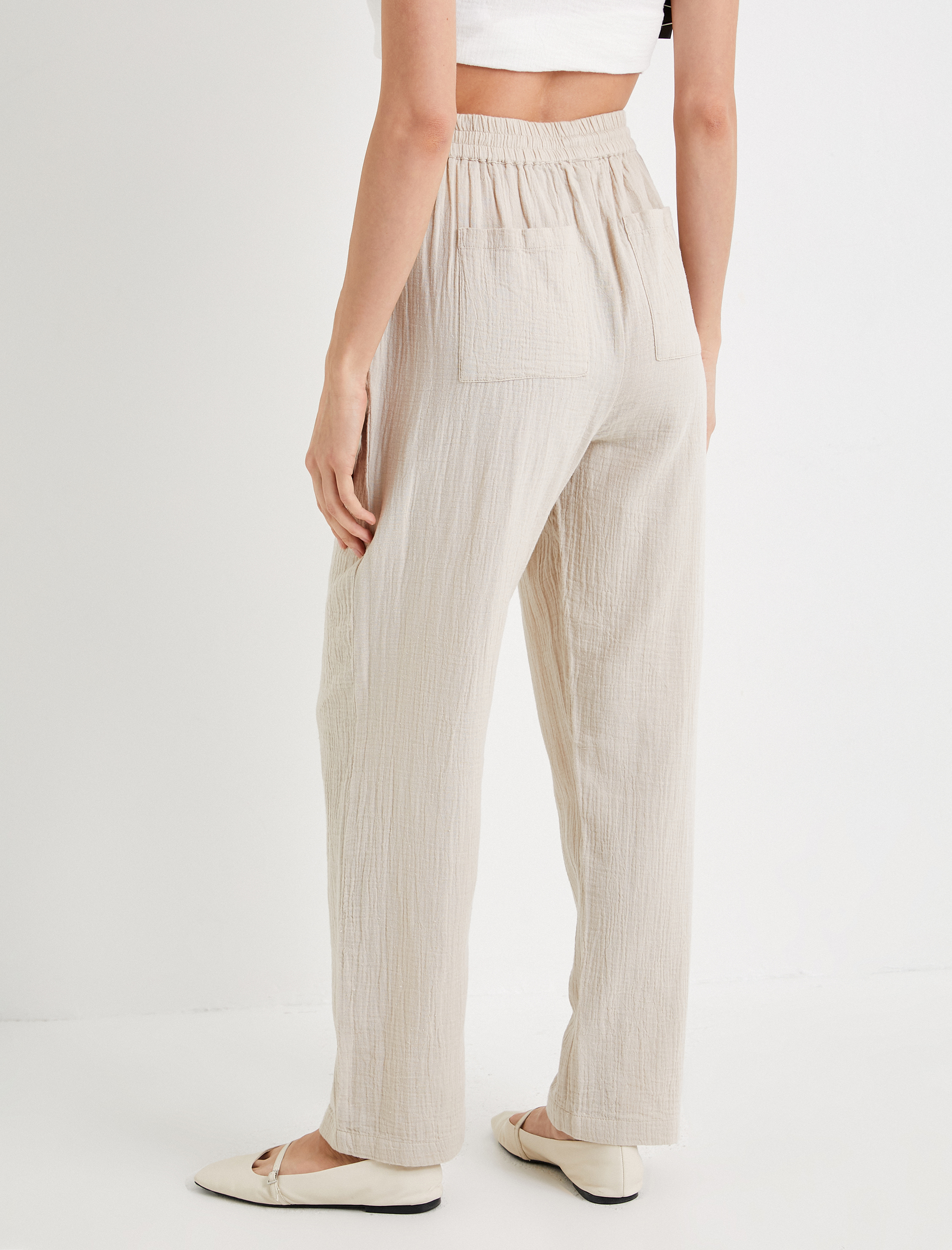   Müslin Pantolon Beli Bağlamalı Cepli Pamuklu Normal Bel