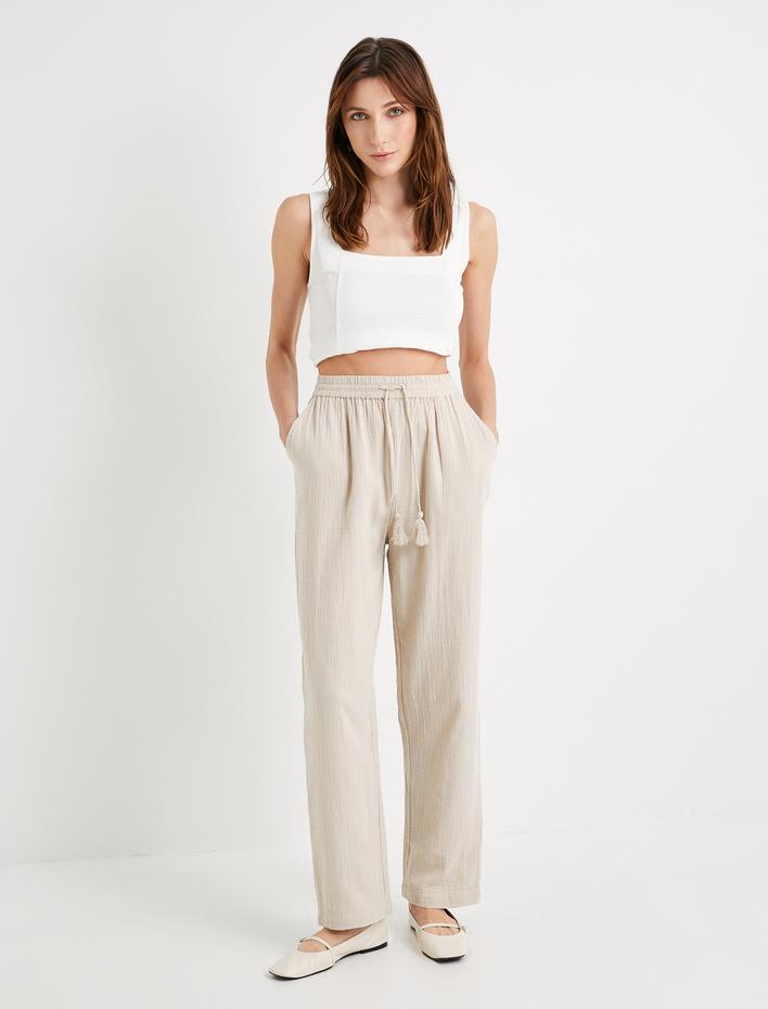  Müslin Pantolon Beli Bağlamalı Cepli Pamuklu Normal Bel