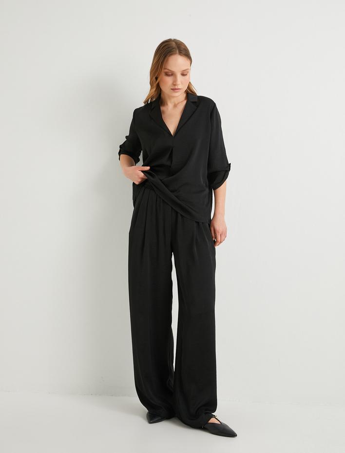  V Yaka Bluz Katlamalı Kollu Regular Fit