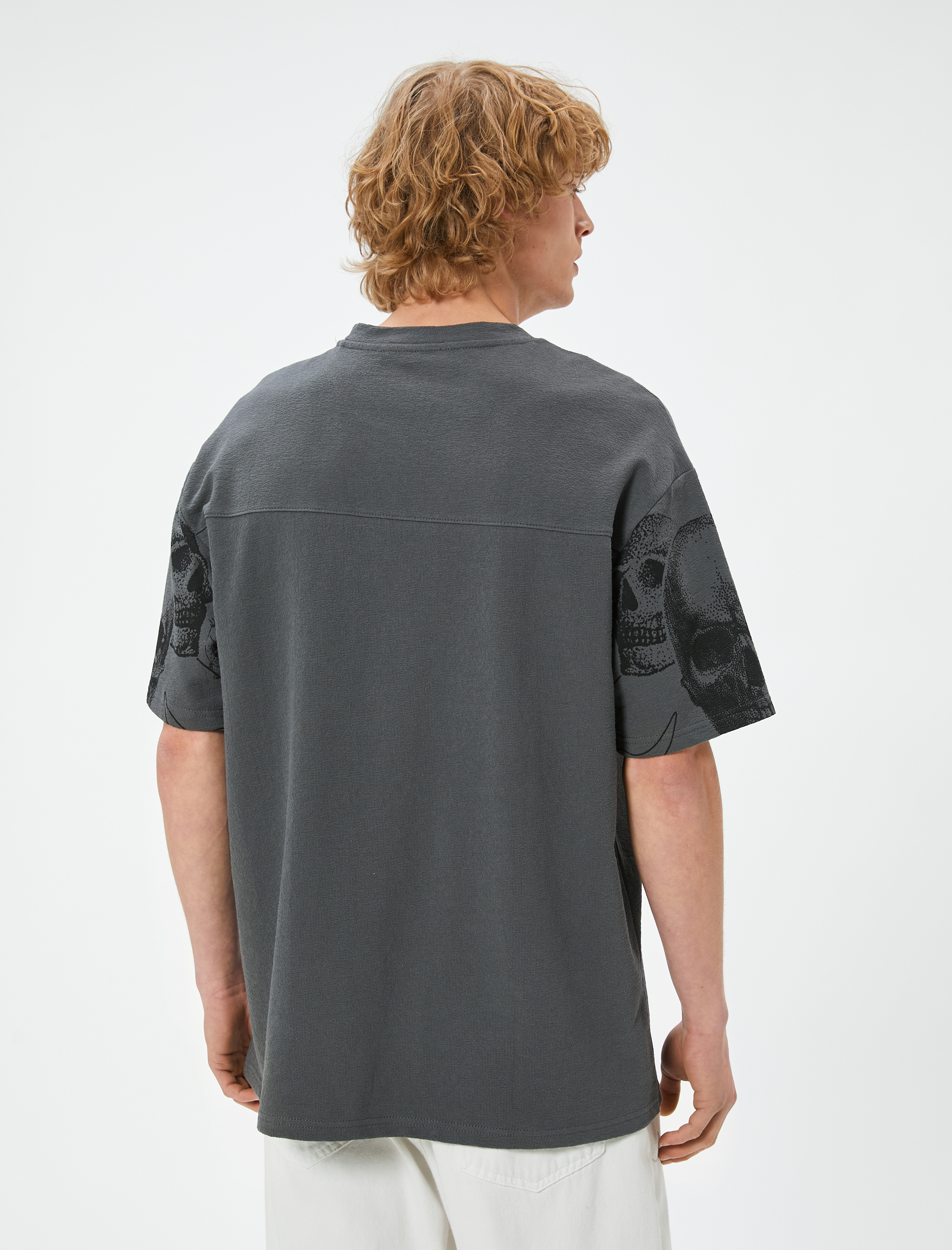   Oversize Tişört Kuru Kafa Baskılı Bisiklet Yaka