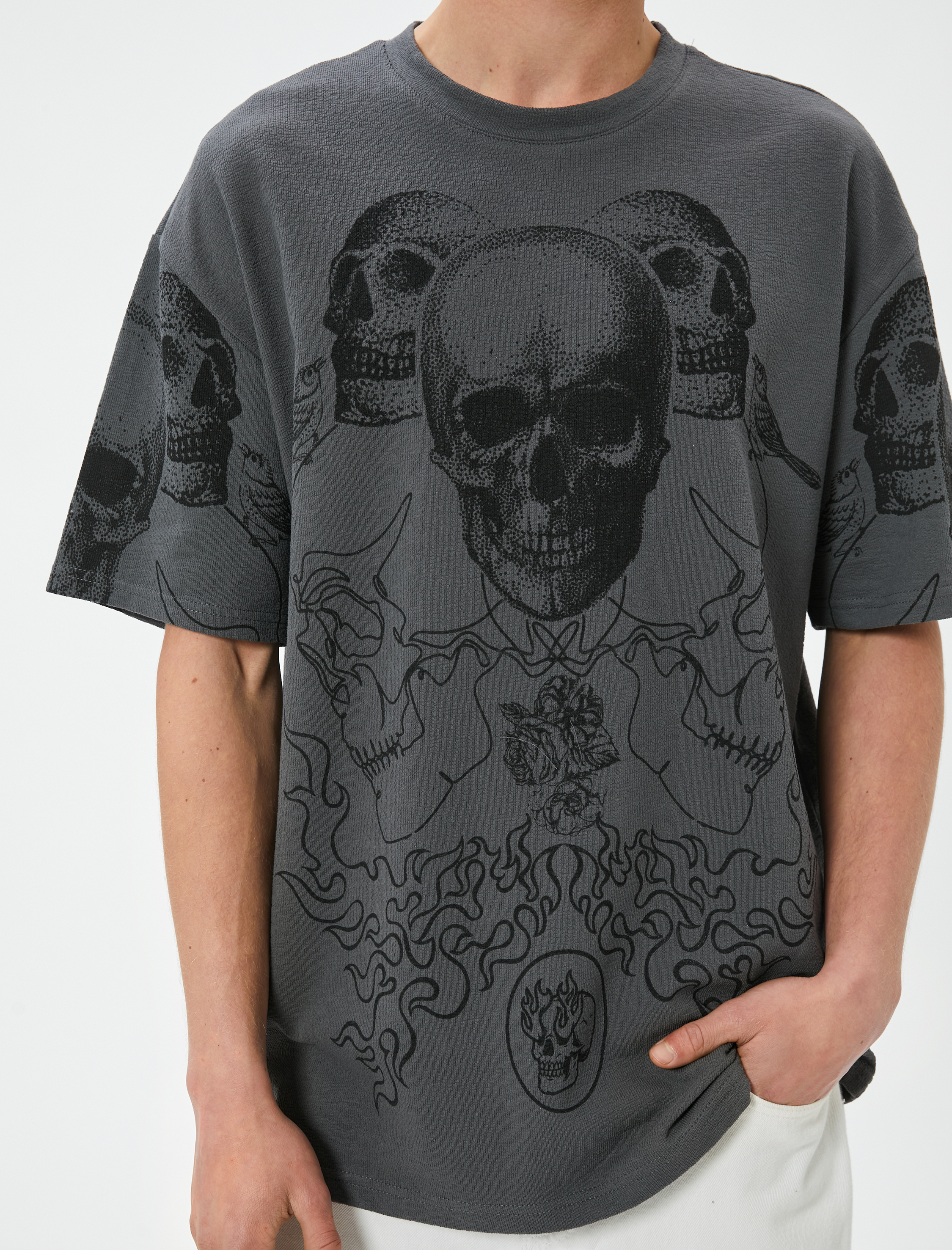   Oversize Tişört Kuru Kafa Baskılı Bisiklet Yaka