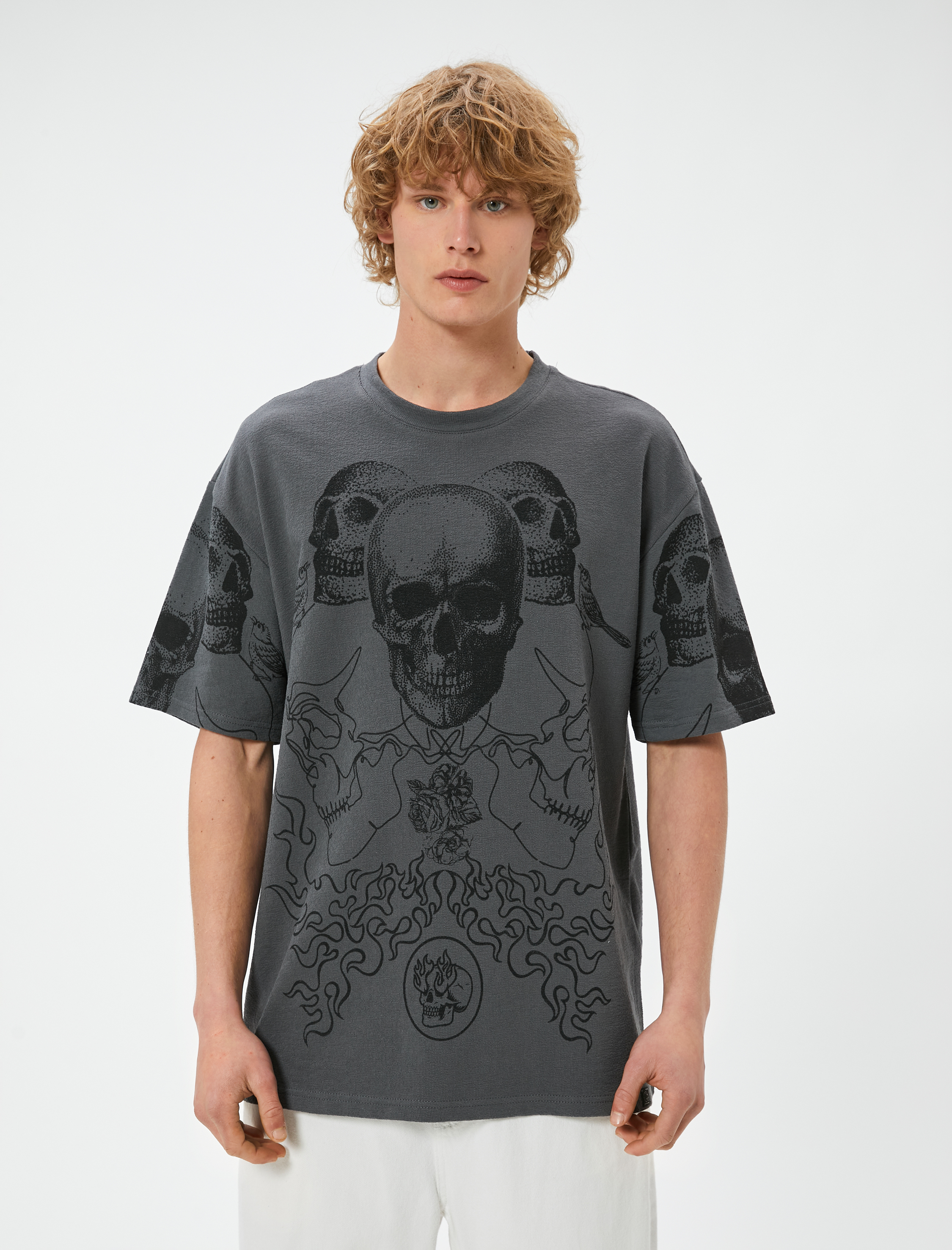   Oversize Tişört Kuru Kafa Baskılı Bisiklet Yaka