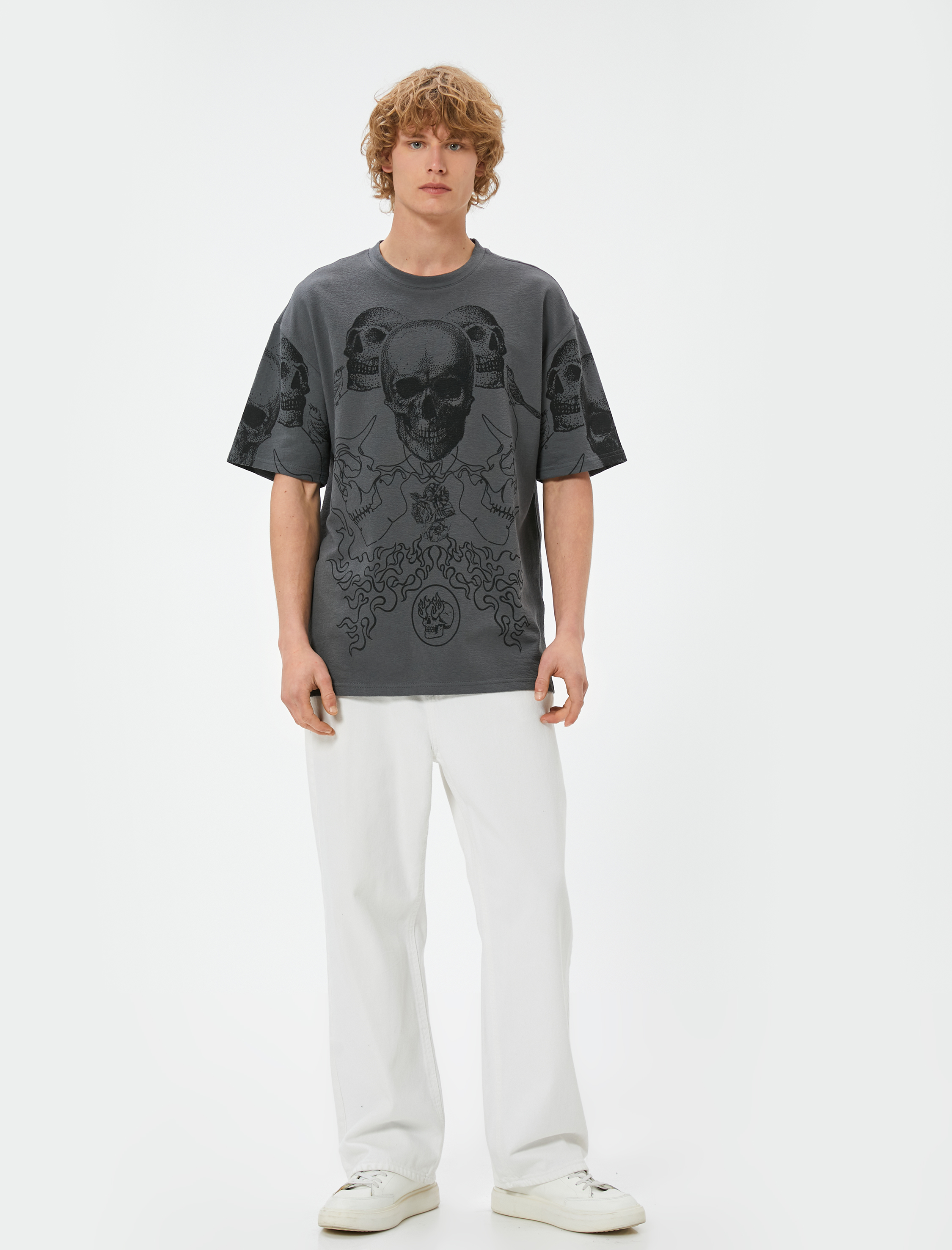   Oversize Tişört Kuru Kafa Baskılı Bisiklet Yaka