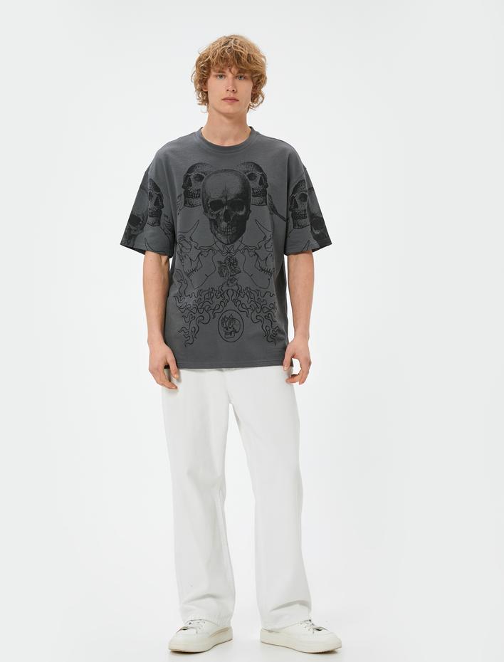  Oversize Tişört Kuru Kafa Baskılı Bisiklet Yaka