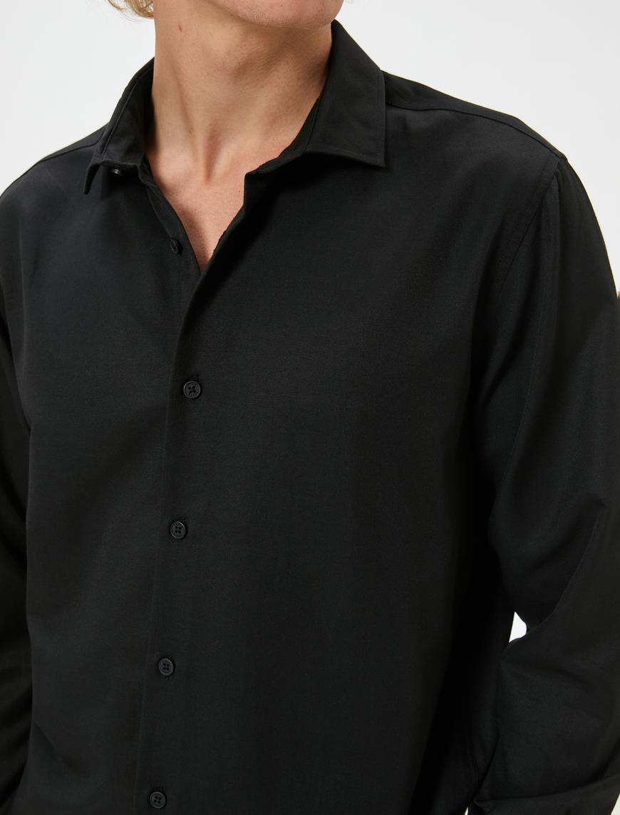   Klasik Gömlek Yarım İtalyan Yaka Düğmeli Uzun Kollu