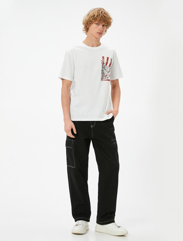  Uzakdoğu Baskılı Tişört Bisiklet Yaka Kısa Kollu Pamuklu