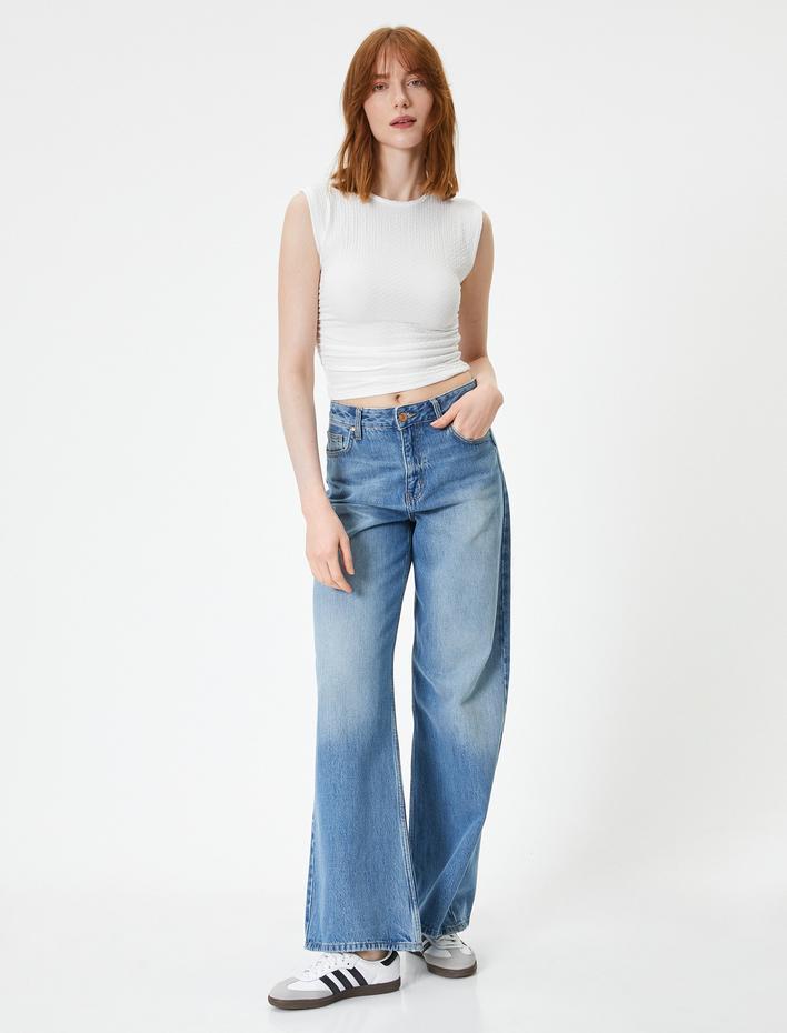  Crop Tişört Bisiklet Yaka Kolsuz Drapeli Dokulu