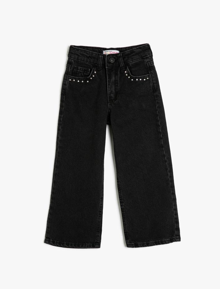 Kız Çocuk Bol Paça Kot Pantolon Cepli Pamuklu - Wide Leg Jean