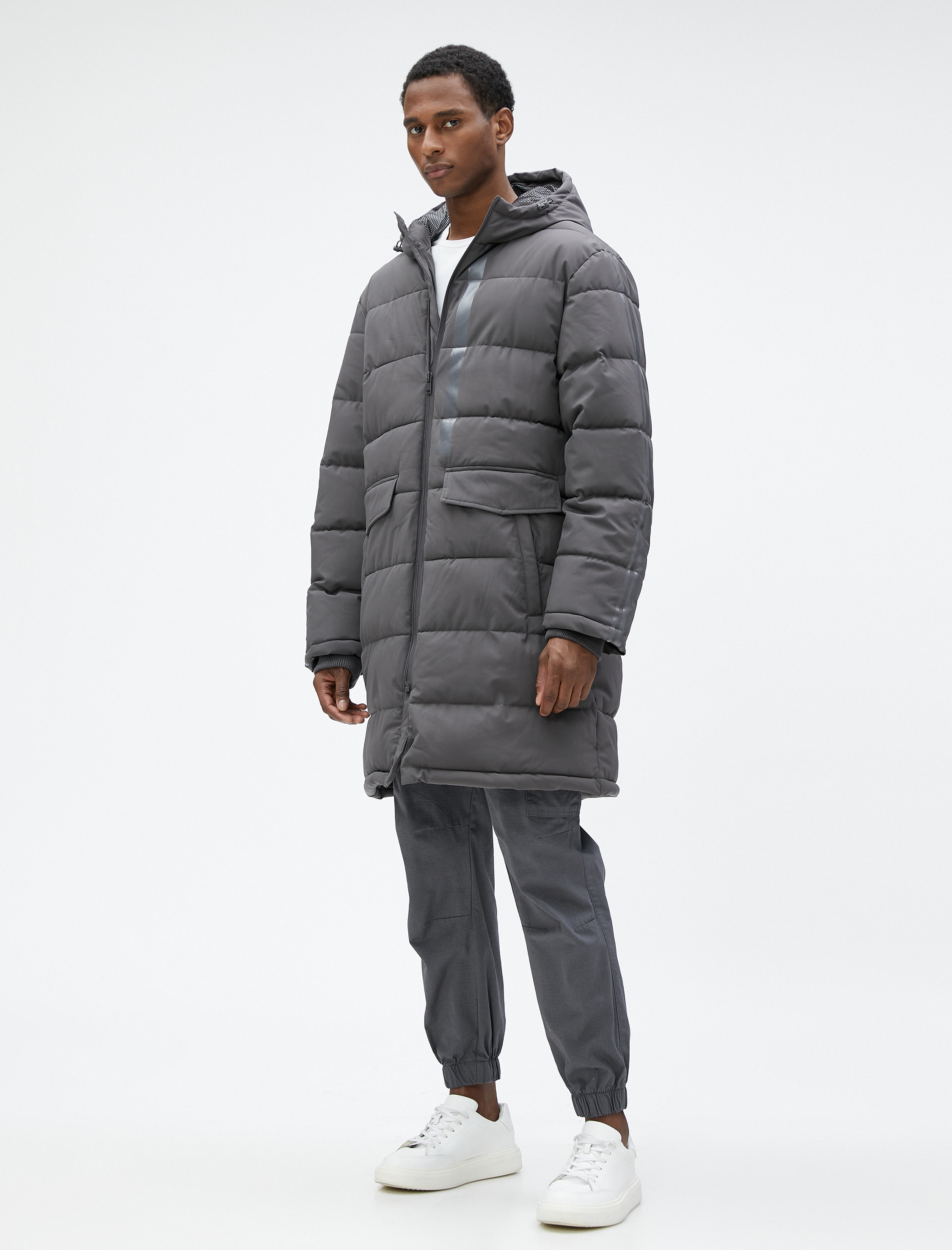   Uzun Mont Anorak Kapşonlu Cepli Şerit Baskılı