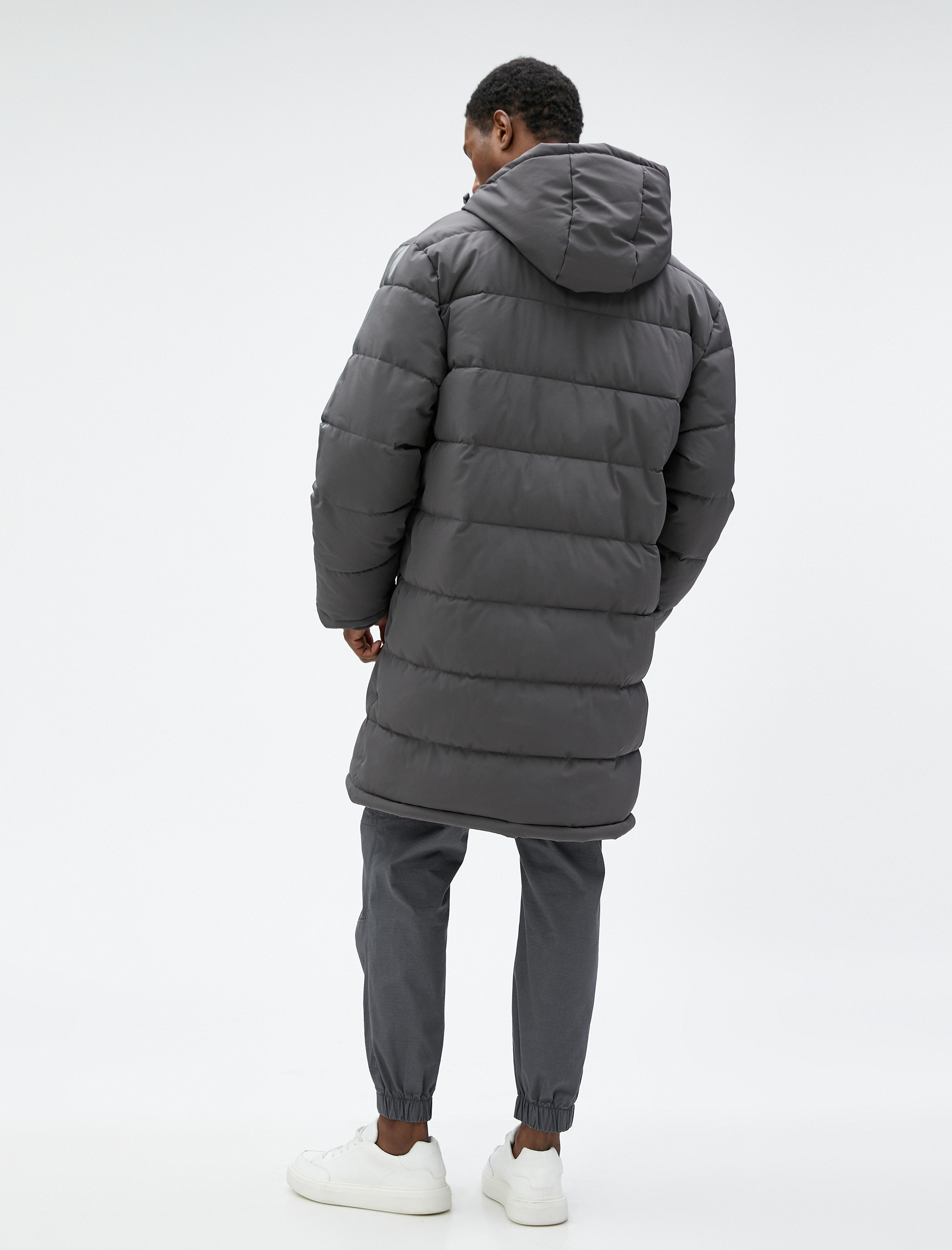   Uzun Mont Anorak Kapşonlu Cepli Şerit Baskılı