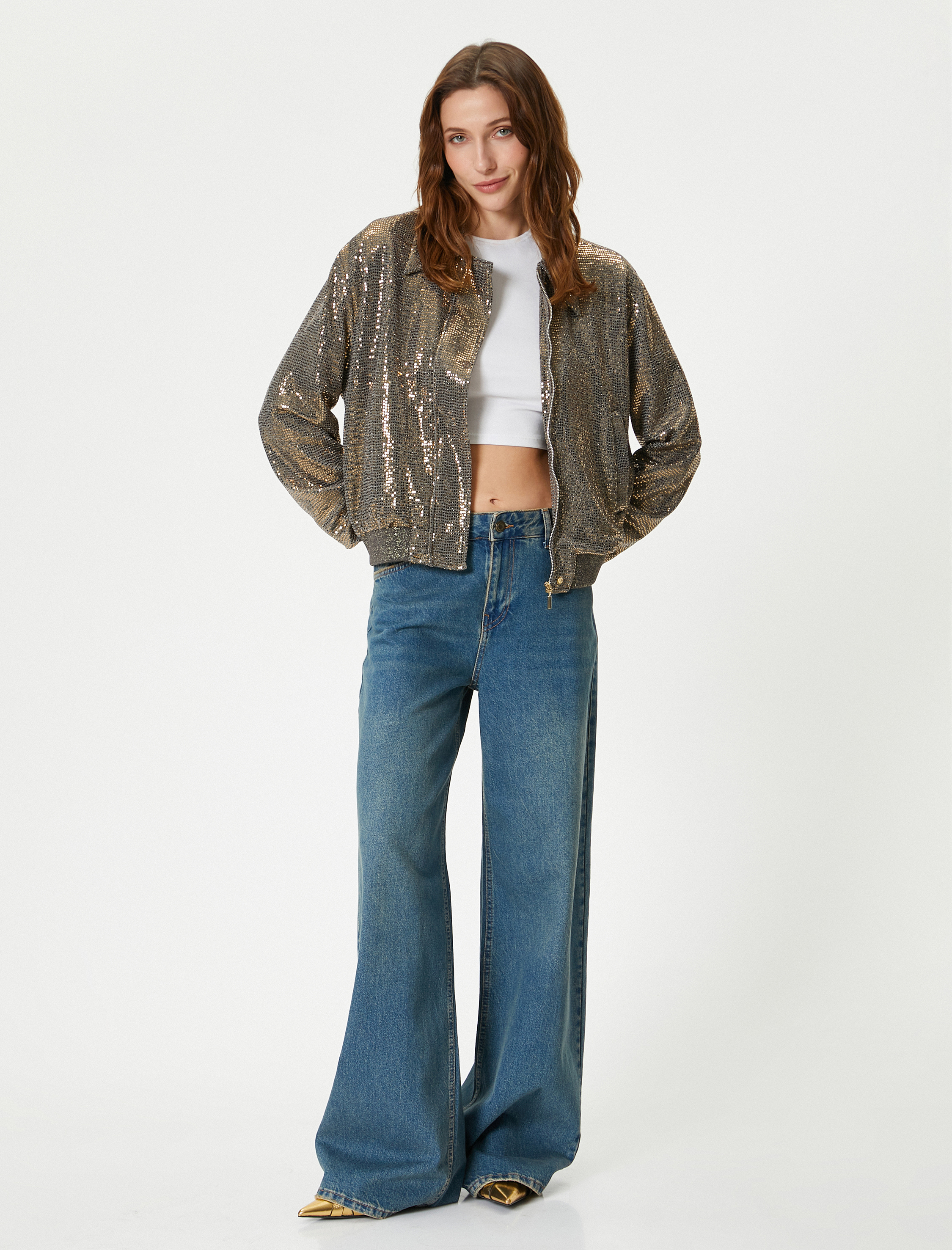   Payetli Bomber Ceket Metalik Parlak